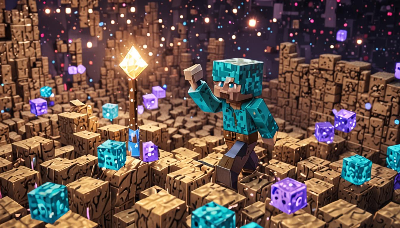 A Minecraft scene showing a pixelated player character carefully using jagged, broken diamond pickaxe fragments to chip away at luminescent, enchanted blocks that pulse with purple and blue magical energy. The glowing blocks emit sparkly particle effects as they're being freed, with small golden musical note particles floating upward to represent the happy chime sounds. Each liberated block transforms from a dark, corrupted purple-tinted stone into bright, clean cobblestone or stone blocks with a warm golden glow. Nearby stands Ollie, a blocky Minecraft character wearing multiple large brown leather backpacks strapped across his shoulders and back, his arms outstretched to catch the newly freed blocks as they fall. The scene takes place in a dimly lit underground chamber with rough stone walls, illuminated primarily by the magical glow emanating from the enchanted blocks and the warm light of torches mounted on the walls. Scattered around the ground are more broken pickaxe pieces with sharp, angular edges, and the atmosphere suggests triumph over dark magic as the cursed blocks are systematically liberated from Baron Puscrust's evil enchantment.