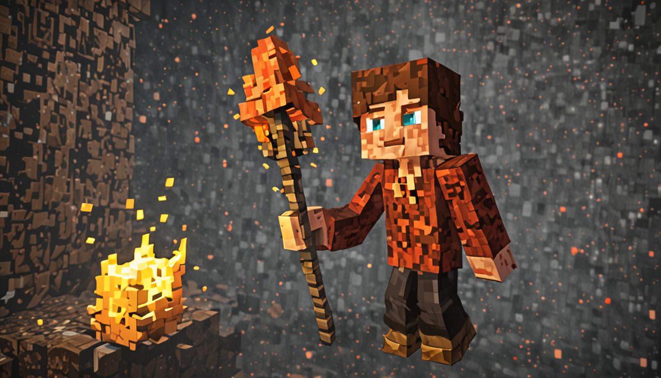 A Minecraft player character with blocky pixelated features holds an enchanted Emberroot Torch high above their head, the torch crafted from dark wooden blocks with glowing orange and red ember particles swirling around its tip, casting warm flickering light across the scene. The torch emits magical golden sparkles and flame effects in true Minecraft style with blocky particle animations. Scattered around the underground cavern are massive piles of various Minecraft blocks - cobblestone, dirt, wood planks, and stone bricks - with several blocks glowing with a soft magical blue-white aura that pulses gently, indicating they belong to the village. The scene is set in a dark, cavernous underground area with rough stone walls made of pixelated gray blocks, while another blocky Minecraft character named Ollie stands nearby, both figures rendered in the classic Minecraft aesthetic with square heads, rectangular bodies, and simple facial features. Mysterious purple and dark magic particles float ominously around the non-glowing blocks, suggesting the baron's evil enchantment, while the warm torchlight creates dramatic shadows and highlights across the blocky terrain, giving the entire scene an adventurous and magical atmosphere typical of Minecraft dungeons and caves.