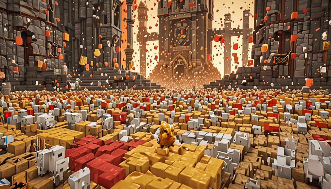A chaotic Minecraft castle interior scene with smooth golden block floors reflecting warm yellow light, featuring scattered pixelated chickens with white and red blocky feathers running frantically across the gleaming surface. In the background, tall towers made of various colored Minecraft blocks are toppling over in pixelated destruction, with individual blocks tumbling and scattering across the golden floor. A frustrated Minecraft character in noble attire with a blocky crown is mid-slip on the slippery golden blocks, arms flailing in classic Minecraft animation style, chasing after the escaped chickens. The castle walls are built from stone bricks and cobblestone blocks, with torches providing flickering orange light that creates dramatic shadows and highlights the chaos. Feathers float in the air as pixelated particles, and knocked-over block structures create a scene of complete disorder, with redstone dust, wooden planks, and stone blocks scattered everywhere across the reflective golden floor surface.