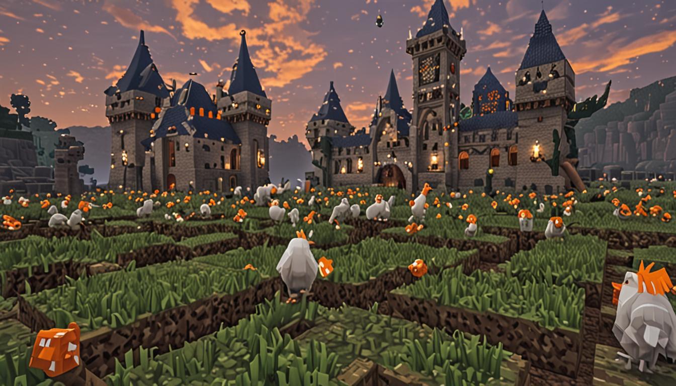 A dramatic Minecraft castle scene with blocky stone brick walls and tall pixelated towers under a dim twilight sky. In the foreground, a group of white and brown Minecraft chickens with their characteristic square bodies and orange beaks are scattered across green grass blocks, their blocky forms appearing animated and mischievous. Behind them, a secret entrance made of mossy cobblestone blocks is partially hidden in the castle wall, with some blocks slightly displaced to show recent movement. In the background through arched doorways, a villager character in purple robes (Baron Puscrust) can be seen with his arms raised in an angry gesture, his blocky Minecraft face showing distress. The castle interior glows with warm torch light filtering through the stone corridors, while the exterior is bathed in cool blue moonlight. Scattered around the scene are various colored blocks - diamond blocks, gold blocks, and emerald blocks - appearing to have been hastily dropped or stolen, their pixelated surfaces gleaming in the ambient light. The overall atmosphere captures a moment of triumphant escape and mischief in the classic Minecraft aesthetic.