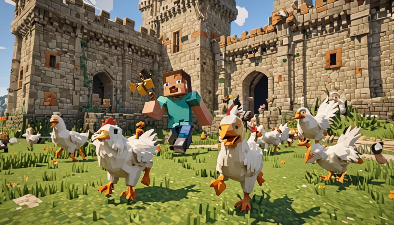 A dynamic Minecraft scene showing blocky pixelated characters running away from a large stone brick castle in the background, with one character shouting triumphantly while multiple white and brown blocky chickens with orange beaks follow behind them, clucking and flapping their square wings in celebration. The main character Ollie is depicted as a typical Minecraft player skin with a bright smile, carrying bulging pixelated backpacks filled with various colorful blocks spilling out slightly as he runs, the bags bouncing with each step. Another character named Breck runs alongside, wielding a diamond pickaxe that gleams with enchanted purple sparkles, showcasing impressive block-breaking abilities. The castle behind them features tall cobblestone towers with dark windows and battlements, while the foreground shows a grassy blocky landscape with scattered stone and dirt blocks recently broken from their rescue mission. The lighting suggests late afternoon with warm golden sunbeams casting long pixelated shadows, creating an atmosphere of victory and adventure as the group celebrates saving their village, with particle effects around the characters indicating movement and excitement in true Minecraft fashion.