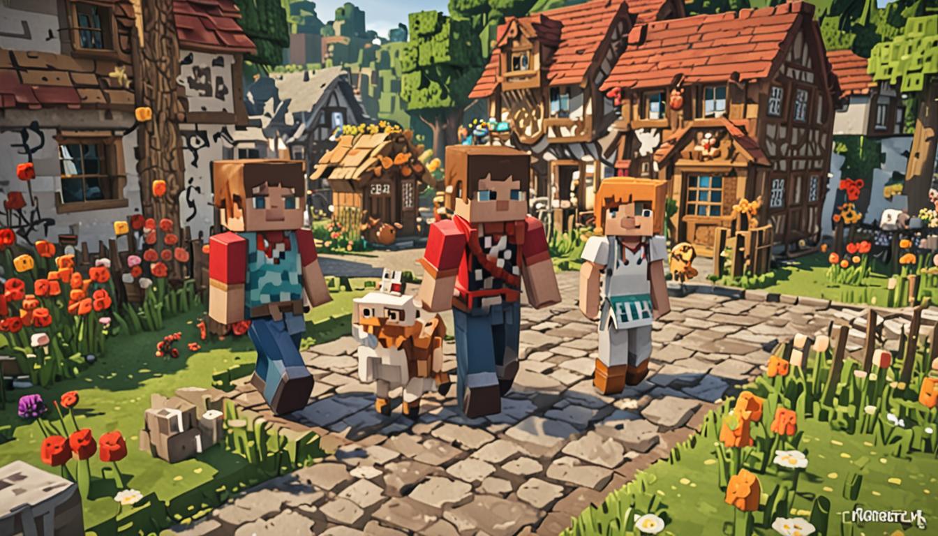 A vibrant Minecraft village scene with blocky, pixelated buildings made of cobblestone and oak wood planks, featuring a young Minecraft character with brown blocky hair standing confidently next to their friend Ollie, both wearing colorful pixelated clothing. Around them, several white and brown blocky Minecraft chickens with bright red combs are scattered throughout the village pathways, with small white egg items dropped on the ground near flower patches and grassy areas. The village shows various construction projects in progress - partially built houses with exposed wooden frames, stacks of different colored blocks like stone, dirt, and wood arranged neatly, and crafting tables with tools visible. In the background, a tall imposing figure representing Baron Puscrust can be seen walking away in the distance, his blocky form appearing defeated with slumped shoulders. The scene is bathed in warm Minecraft daylight with the characteristic square sun casting blocky shadows, surrounded by pixelated trees with cubic leaves in various shades of green, creating an atmosphere of triumph and community cooperation in the distinctive blocky Minecraft art style.