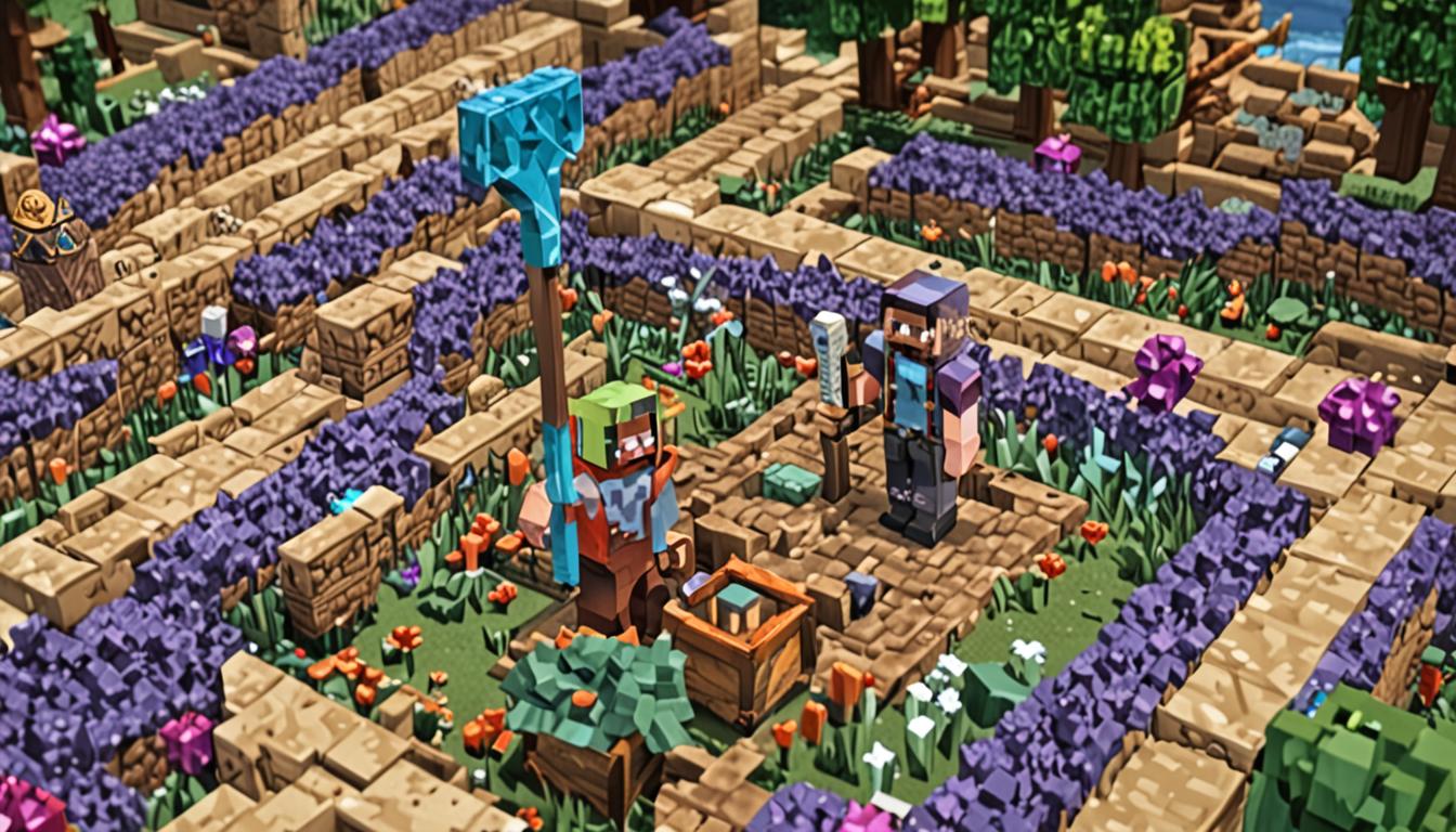 A Minecraft village scene with blocky, pixelated characters where a village leader with a warm, blocky smile presents a gleaming diamond pickaxe to a heroic player character named Breck. The pickaxe sparkles with enchanted purple and blue particles, crafted from the finest diamond materials with a perfectly geometric, blocky design typical of Minecraft tools. Breck stands proudly in the center, wearing blocky armor with a confident pose, surrounded by grateful villagers with their characteristic large noses and brown robes. The village backdrop features classic Minecraft buildings with cobblestone foundations, oak wood walls, and red clay tile roofs, all rendered in perfect cubic blocks. Golden sunlight filters through the scene, casting warm blocky shadows across the dirt and grass block ground, while particles of gratitude and celebration float around the characters. The atmosphere conveys triumph and community spirit, with the diamond pickaxe serving as the centerpiece symbol of Breck's heroic block-breaking abilities that saved the entire pixelated village.