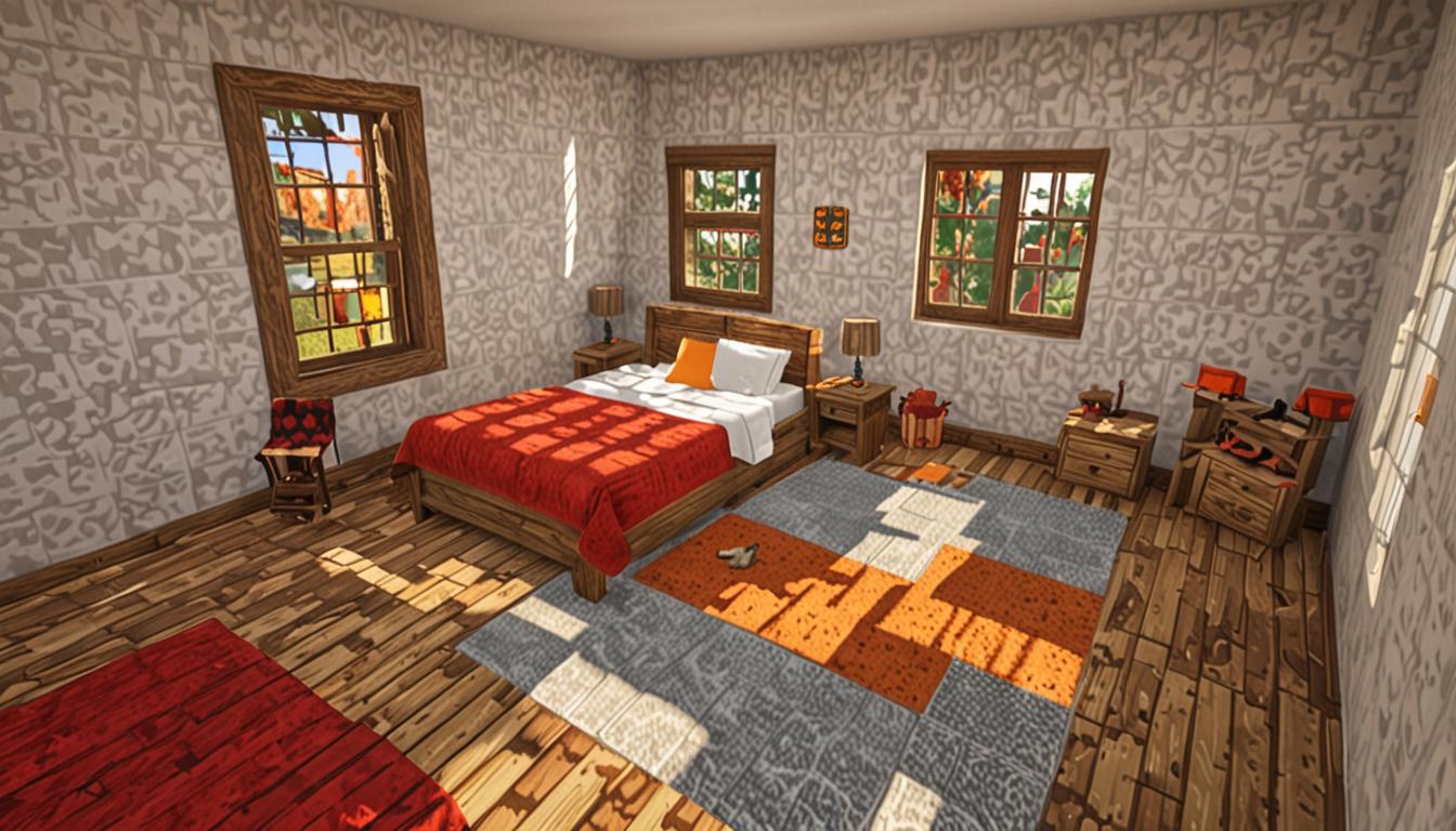 A bright Minecraft morning scene showing a perfectly constructed blocky bedroom with straight cobblestone walls and oak wood plank flooring, sunlight streaming through glass block windows casting pixelated shadows across a neatly made bed with red wool blankets. Outside the window, several white and brown blocky Minecraft chickens with their characteristic square bodies and orange beaks are scattered around a fenced dirt area, their mouths open in animated clucking poses. In the background, a newly built village bakery constructed from smooth stone blocks and dark oak wood features a smoking chimney made of cobblestone with white smoke particles rising, while golden-brown bread items are visible through the bakery's glass windows. Standing prominently in the village square, an elderly Minecraft villager NPC with a long gray beard, brown robes, and the distinctive large nose waits patiently, holding a mysterious wrapped gift box made of colorful wool blocks with a bright red ribbon, surrounded by other rebuilt village buildings featuring clean cobblestone foundations and fresh oak wood structures under a clear blue blocky sky with white square clouds.