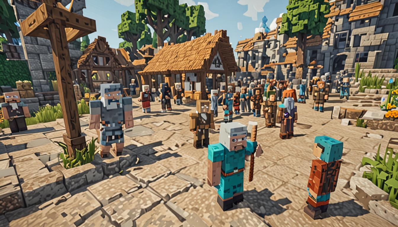 A blocky Minecraft village scene showing a pixelated village elder character with a long gray beard and brown robes standing next to a young Minecraft player character named Breck, who holds a diamond pickaxe with gleaming blue-tinted blocky textures. Behind them, several cube-shaped villager NPCs with their characteristic large noses and simple clothing gather around partially destroyed stone and wood block structures that need rebuilding. The scene shows scattered building materials like cobblestone blocks, oak wood planks, and dirt blocks strewn across the ground, with some villagers already placing new blocks to repair damaged houses. Warm golden sunlight filters through the pixelated sky, casting blocky shadows across the village square, while in the background, another player character named Ollie can be seen constructing with colorful wool blocks and stone bricks. The atmosphere conveys hope and community cooperation, with the village elder's extended blocky arm gesturing toward the reconstruction work, and Breck's character model showing excitement through typical Minecraft player animations. Small details include scattered tools like wooden shovels and stone axes lying near building sites, with chest blocks containing building supplies visible near the construction areas.