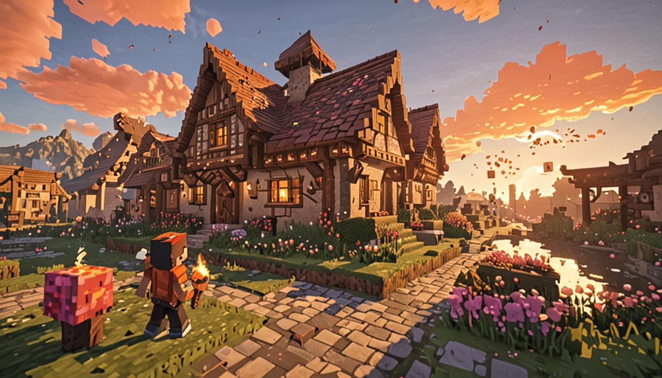 A Minecraft village at sunset with warm orange and pink blocky clouds filling the pixelated sky, casting golden light across cobblestone paths and wooden houses with distinctive blocky architecture. In the foreground, a Minecraft player character holds a glowing magical torch with flickering ember-like particles and orange-red light emanating from its blocky form, while wearing a bulging backpack filled with various colored building blocks visible at the opening. Surrounding the player are several Minecraft villagers with their characteristic large noses and brown robes, their blocky arms raised in celebration with pixelated expressions of joy and excitement. The village features typical Minecraft structures with oak wood planks, cobblestone foundations, and glass block windows, all rendered in the game's signature blocky, low-resolution aesthetic. Warm sunset lighting bathes the entire scene in golden hues, creating long blocky shadows across the village square while the magical torch casts additional orange light that illuminates the celebrating villagers and scattered building blocks.