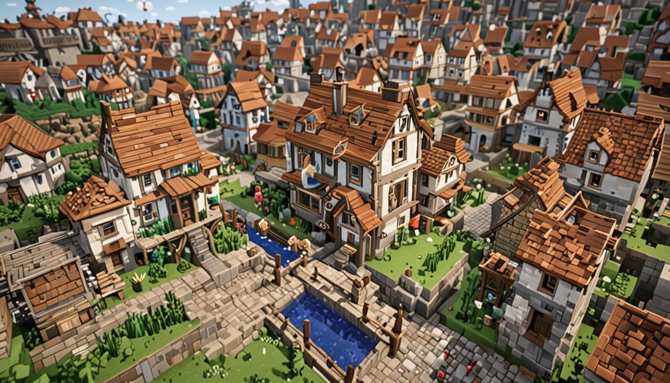 A charming Minecraft village scene featuring a young blocky character named Ollie with distinctive clumsy characteristics, standing on uneven cobblestone pathways surrounded by imperfectly built structures. The scene shows a hilariously crooked house built completely upside-down with its pointed roof touching the ground and door hanging in the air, alongside leaning pixelated towers that appear to be falling asleep at impossible angles. Scattered throughout the village are bridges with obvious gaps between wooden planks, creating comedic architectural failures in classic Minecraft block style. The village paths are made of dirt blocks with cobblestone accents, where small mining holes and scattered blocks suggest frequent stumbling incidents. In the background, friendly Minecraft villagers with their characteristic large noses and brown robes can be seen giggling and watching with amused but affectionate expressions. The lighting is warm and welcoming with soft sunlight filtering through the blocky landscape, creating a cozy village atmosphere despite the chaotic architecture. Ollie himself appears as a typical Minecraft player character with a slightly disheveled appearance, perhaps with blocks stuck to his clothing or dirt smudges, standing in a characteristic stumbling pose that suggests he's about to trip over the very cobblestone block at his feet.
