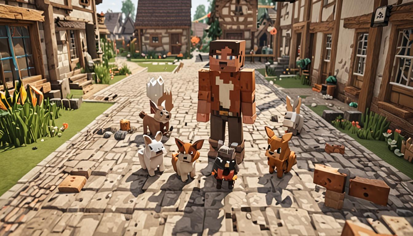 A Minecraft scene featuring a blocky, pixelated player character standing in a village square surrounded by their unique companions and discoveries. The player has the characteristic square head and body of a Minecraft avatar, wearing simple brown leather clothing. Beside them sits "Rabbitdog" Tanner, a custom Minecraft mob with fluffy white cubic fur blocks, elongated rabbit-like ears made of white wool blocks, and a dog-like snout, creating an adorable hybrid creature with glowing red eyes showing alertness. A blocky white chicken named Clucky waddles nearby, its feathers rendered in bright white pixel blocks with an orange cubic beak and red comb, positioned mid-squawk with wings slightly raised. Scattered around the scene are glowing diamond and emerald blocks that appear freshly discovered, their brilliant blue and green cubic surfaces reflecting light with characteristic Minecraft sparkle effects. In the background, village elder NPCs with long gray beards and brown robes stand near crooked, imperfectly built structures - a lopsided cobblestone house with uneven walls, a tilted wooden fence, and a wonky stone pathway. The village setting includes typical Minecraft elements like oak wood planks, cobblestone blocks, and torch lighting creating warm yellow illumination. The overall atmosphere is cheerful and whimsical, with soft daylight filtering through the blocky landscape, emphasizing the heartwarming friendship between the player and their loyal animal companions despite the character's building mishaps.