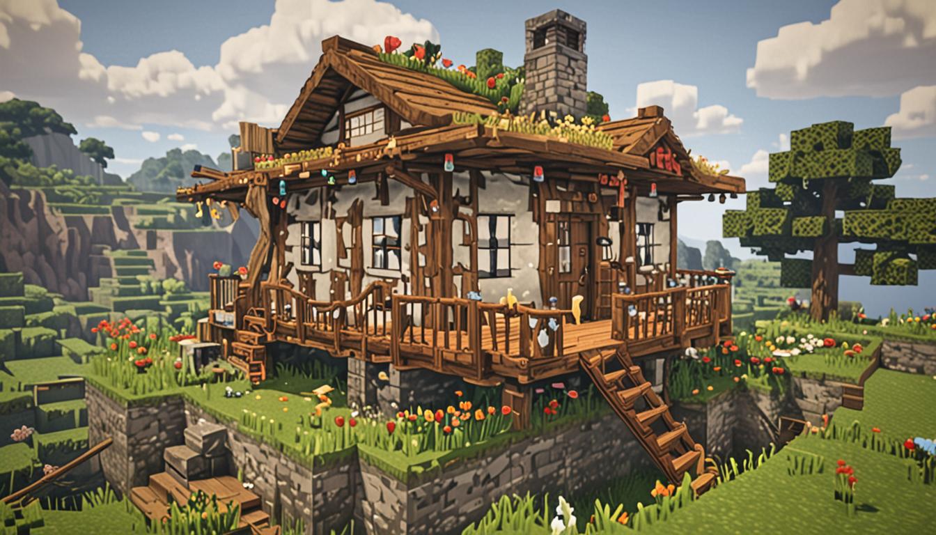 A quirky Minecraft house built completely sideways with blocky, pixelated architecture, where the wooden door opens directly onto a grass block roof and square glass windows face downward toward the dirt ground below. A wooden ladder made of brown oak planks leads up the side of the misshapen structure, while a pixelated chicken with white and red feathers perches on a stone window ledge. In the background, a Minecraft village displays perfectly constructed cobblestone houses with geometric precision and sturdy wooden bridges spanning between buildings, their brown oak planks forming clean, straight lines. Village elder NPCs with blocky bodies and brown robes stand near impressive redstone contraptions with glowing red dust circuits and towering structures made of metallic iron blocks that gleam in the bright, square Minecraft sun. The contrast between the wobbly, imperfect sideways house in the foreground and the masterfully crafted village buildings creates a scene of aspiration and determination, all rendered in the classic blocky, voxel-based Minecraft aesthetic with sharp edges and pixelated textures throughout the landscape.