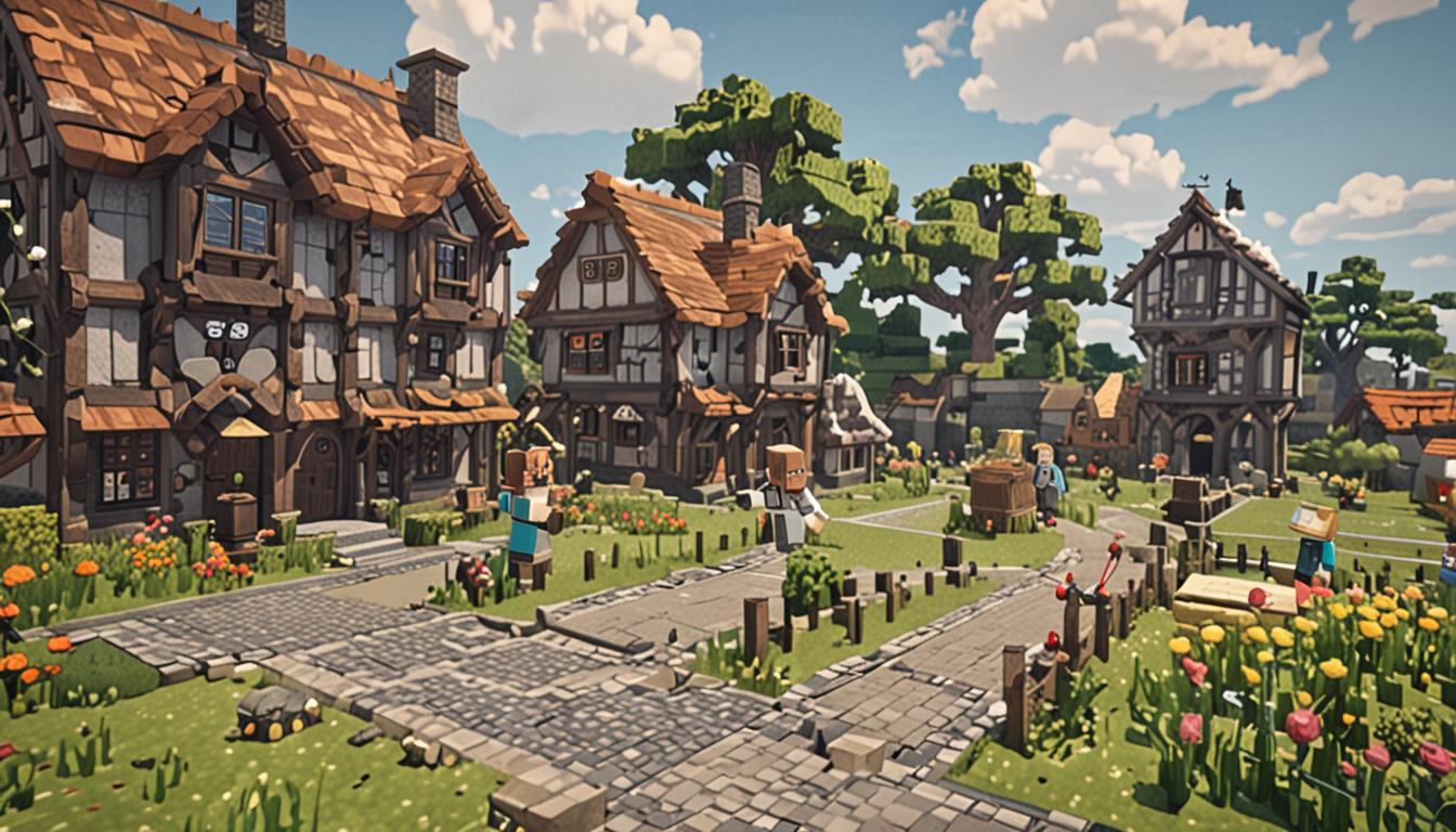 A bright, sunny Minecraft village scene with blocky, pixelated buildings of varying materials - wooden plank houses with dark oak roofs, gray cobblestone structures with stone brick accents, and one peculiar house that appears to be drooping or melting with warped building blocks. In the center stands Slugbrain, a tall blocky Minecraft character with gray pixelated hair, a permanent scowl expression, and wearing a dark green shirt texture covered in bright lime green slime stain patterns. His blocky hands are pulling translucent green slime blocks from his inventory interface, with the slime blocks having a glossy, gooey appearance and bouncy texture properties. The village center is partially covered in these sticky green slime blocks that are adhering to house walls, cobblestone paths, and wooden structures, creating a chaotic scene where the translucent green blocks contrast sharply with the traditional Minecraft building materials. Golden sunlight filters through the scene, casting blocky shadows and highlighting the vibrant green slime blocks that glisten with a wet, sticky appearance as they cling to every surface like oversized pixelated chewing gum.
