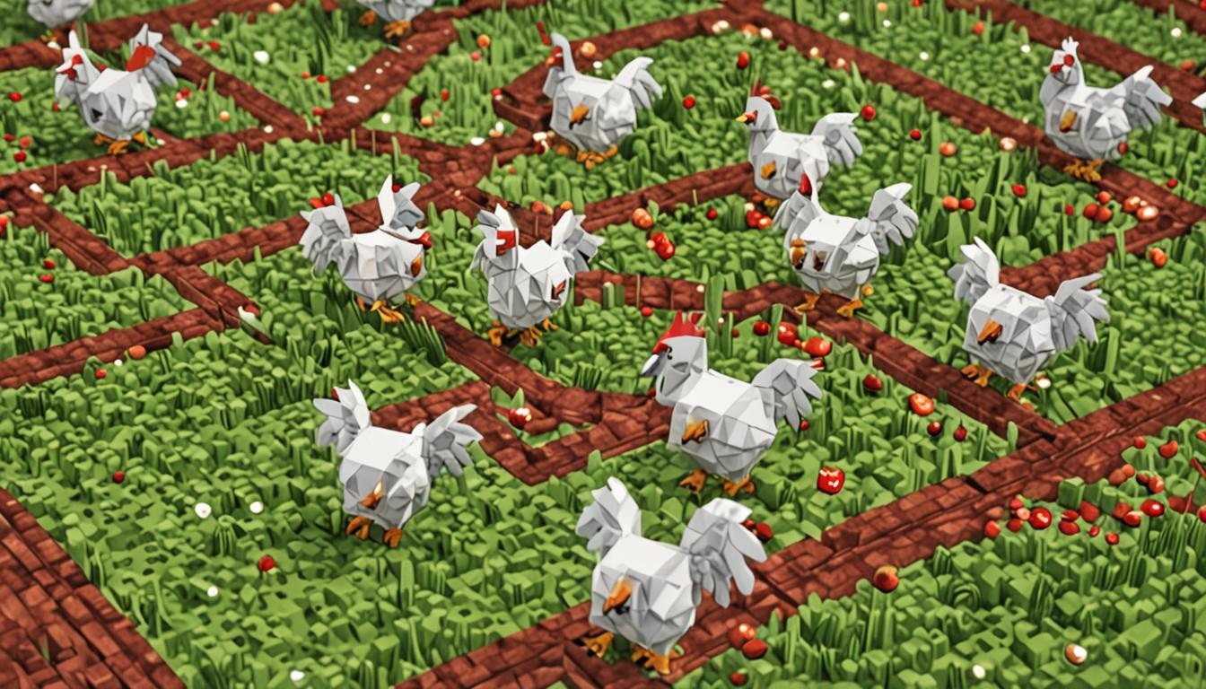 A chaotic Minecraft scene showing multiple blocky, pixelated chickens with white feathered bodies and red combs flapping their cubic wings frantically, knocking over various colored blocks scattered across the ground. The chickens have their beaks open in animated squawking poses, with small white pixelated eggs rolling in different directions across a slimy green-tinted floor that glistens with reflective slime textures. In the foreground, blocky Minecraft-style legs wearing brown pixelated pants are visible as chickens tangle around them, creating a sense of movement and stumbling. The ground is covered in bright green slime blocks with a glossy, wet appearance that makes the surface look treacherous and slippery. In the background, a tall blocky humanoid figure with a distinctive brain-like textured head made of pink and purple blocks stands near a complex contraption built from various Minecraft blocks including redstone components, iron blocks, and glowing elements, with the figure's blocky head turned away from the machine toward the chicken chaos. The entire scene is lit with warm Minecraft-style lighting, emphasizing the pandemonium with motion lines around the flapping chickens and scattered blocks, while maintaining the characteristic pixelated, cubic aesthetic of the Minecraft universe.