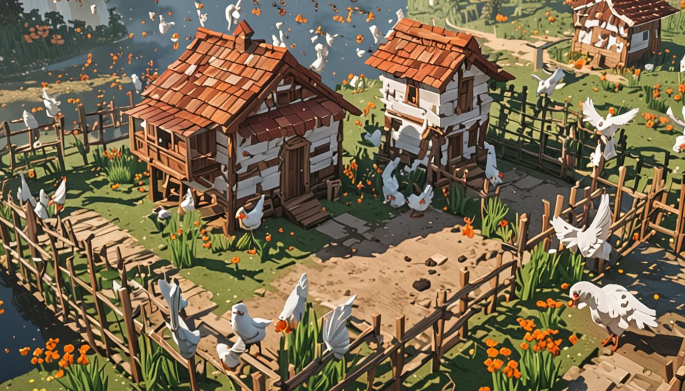 A chaotic Minecraft village scene featuring a destroyed wooden chicken coop with scattered pixelated planks and fence pieces, white feathers floating through the air in blocky, cubic shapes. Dozens of white Minecraft chickens with their characteristic red combs and orange beaks are squawking and flapping their wings in animated poses, some mid-flight with wings spread wide. A Minecraft player character with bouncy brown pixelated hair sits on the ground surrounded by the excited flock, with several brave chickens perched directly on their blocky head and shoulders. Nearby stands Tanner, a wolf companion with gray and white fur in classic Minecraft wolf style, pawing at the air trying to shoo away the persistent chickens. The village setting shows cobblestone paths, wooden houses with oak plank walls and dark oak roofs in the background, all rendered in the signature blocky Minecraft aesthetic. Feathers continue to drift down like snow, and the chickens create a lively parade formation following the characters, their beaks open in excited squawking poses. The lighting suggests daytime with bright, clear Minecraft-style illumination casting distinct shadows from the cubic structures and characters.
