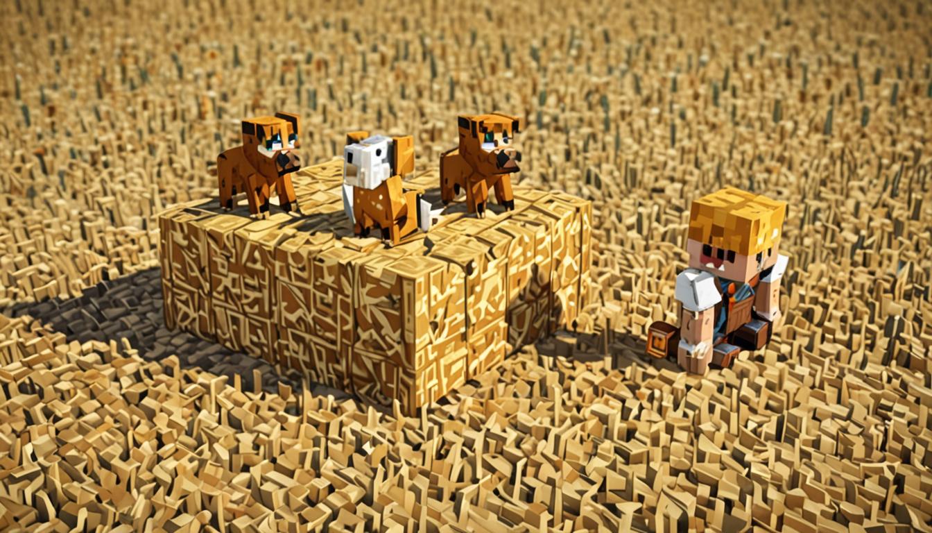 A Minecraft-style blocky, pixelated scene showing three characters crouched behind a large rectangular hay bale made of golden-yellow cubic blocks with visible straw texture. The main character is a blocky Minecraft player with square head and body, whispering urgently while positioned low behind the hay bale. Beside them is Tanner, a blocky pixelated dog with brown and white cubic fur blocks, ears perked up in alert triangular shapes, mouth open in a determined bark pose. A small blocky chicken named Clucky with white and red pixelated feathers stands nearby, wings spread wide in a brave flapping motion. In the background, a Minecraft village stretches across the landscape with cubic wooden houses, cobblestone paths, and blocky trees, all rendered in the classic pixelated aesthetic. The sky shows late afternoon lighting with orange and yellow cubic clouds suggesting approaching sunset, casting dramatic shadows across the scene. A massive, ominous mechanical contraption looms in the distance - a towering blocky machine made of dark iron blocks and redstone components, with green slime dripping from various cubic dispensers and pistons. The entire scene captures a tense, adventurous atmosphere with the three brave companions planning their rescue mission, all rendered in authentic Minecraft's distinctive blocky, low-resolution pixel art style with sharp edges and cubic forms throughout every element.