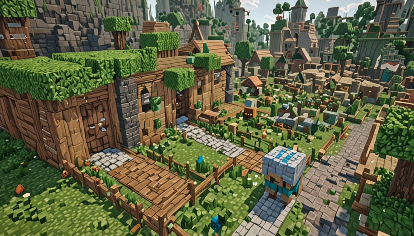 A chaotic Minecraft village scene showing a blocky, pixelated villain character named Slugbrain covering wooden doors with bright green slime blocks, trapping villagers inside their cubic homes. The village features traditional Minecraft architecture with brown wooden doors, cobblestone paths now slippery with green slime, and a central stone fountain completely engulfed in bouncy emerald slime blocks. In the village center stands a massive, industrial contraption built from iron blocks, redstone components, and gray pistons, topped with a large funnel actively launching bright green slime blocks in all directions through the air. A small blocky wolf character cowers near the player's legs while villagers peek nervously from behind slime-covered windows. The scene captures the transformation from a peaceful, orderly village with neat dirt pathways into a slippery, dangerous environment covered in vibrant green goo, with the mechanical slime-dispensing machine dominating the village square and creating an atmosphere of controlled chaos.