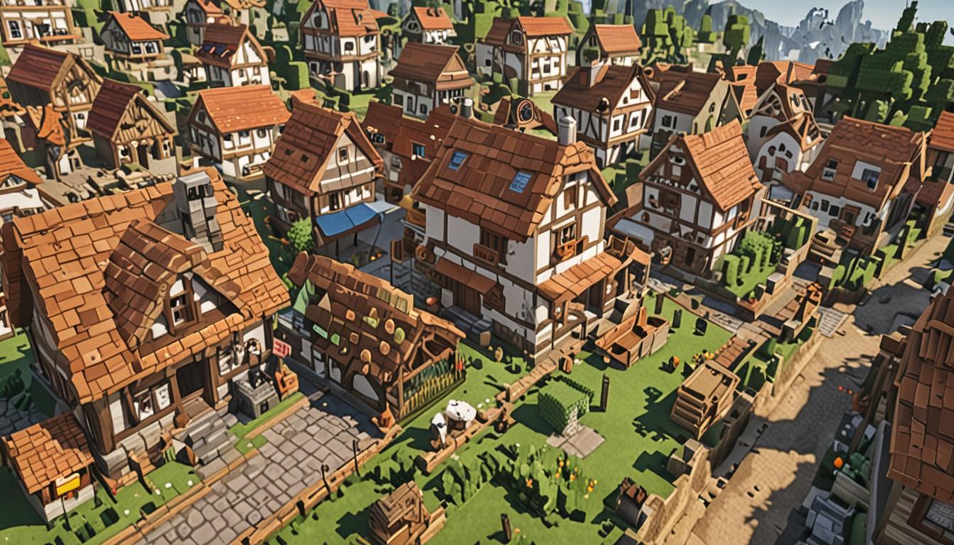 A vibrant Minecraft village scene featuring a uniquely constructed sideways house with blocky wooden planks and cobblestone foundation rotated at an unusual angle, standing out among traditional upright village buildings with their standard peaked roofs and square windows. In the foreground, a Minecraft player character with pixelated features stands proudly next to a brown and white spotted dog (Tanner) who is mid-bounce with blocky carrots and bones scattered around him in cubic item form. Several blocky white chickens with orange beaks are navigating a small obstacle course made of fence posts, wooden planks, and hay bales, with some chickens captured mid-flight with their square wings spread. The village backdrop shows other Minecraft villagers with their characteristic large noses and brown robes gathered around, looking admiringly at the sideways house. Bright morning sunlight casts angular shadows across the grass blocks and dirt paths, creating a warm, welcoming atmosphere with golden lighting filtering through the pixelated sky. Small bouncing animations are suggested by motion lines around the characters and animals, emphasizing the playful, accepting community spirit of this unique Minecraft village where being different is celebrated.