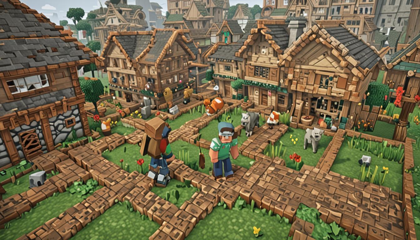 A cheerful Minecraft village scene with blocky, pixelated cobblestone paths winding between cubic houses made of oak wood planks and stone blocks, completely free of any green slime blocks that might have previously covered the ground. In the foreground, a Minecraft player character with a happy expression walks alongside a tamed wolf companion with a wagging blocky tail, the wolf's mouth open in a joyful bark pose. Several white and brown pixelated chickens with bright red combs hop and flutter around the scene, including one prominent chicken that appears particularly proud with its chest puffed out and head held high. In the background, a wonderfully crooked and asymmetrical tower structure built from various colorful Minecraft blocks - oak planks, cobblestone, and brick blocks - leans at impossible angles yet somehow stands tall, showcasing creative and unconventional building techniques. The entire scene is bathed in warm, golden Minecraft sunlight with distinct blocky shadows, creating a celebratory and triumphant atmosphere where the village appears peaceful and restored, with small details like scattered wheat seeds on the ground near the chickens and the wolf's collar clearly visible in the pixelated art style.