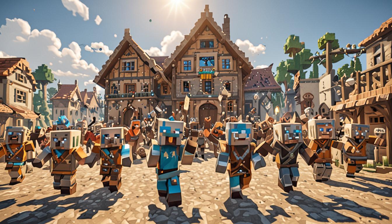 A vibrant Minecraft village scene with blocky, pixelated villagers with their characteristic large noses and brown robes celebrating joyfully outside cubic stone and wood houses, their blocky arms raised in excitement. In the center, two Minecraft player characters with square heads and pixelated skin textures stand surrounded by the cheering crowd, one wearing diamond armor with blue cubic gems gleaming in the sunlight. Several white and red pixelated chickens with orange beaks and small black dot eyes waddle around the players' feet, their feathers rendered in classic Minecraft's blocky style. A gray-haired villager character named Slugbrain approaches with a sheepish expression, his blocky face showing a genuine smile instead of a frown, one pixelated hand scratching his cubic gray head while gesturing toward scattered green slime blocks nearby that glisten with a translucent, bouncy texture. The village background features typical Minecraft architecture with cobblestone paths, wooden fences, and blocky trees, all bathed in warm golden sunlight that casts sharp, angular shadows consistent with Minecraft's lighting system. The overall atmosphere conveys triumph and friendship, with the crisis clearly resolved as evidenced by the villagers' jubilant expressions and the peaceful, celebratory mood throughout the pixelated scene.