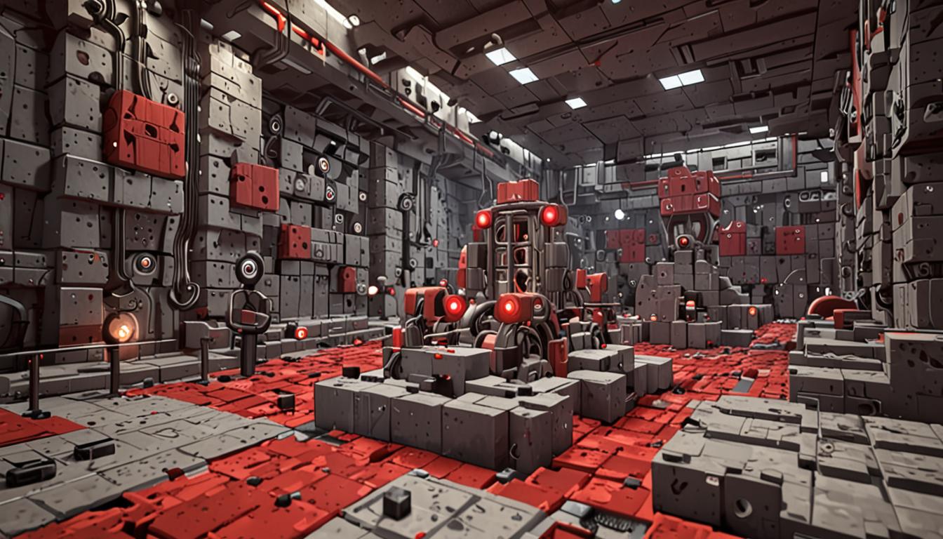 A chaotic Minecraft-style scene inside a blocky technological facility with pixelated stone brick walls and redstone-powered machinery. In the center, a large cubic control panel made of iron blocks displays glowing redstone circuits and a prominent bright red button crafted from red wool and redstone dust. A cartoonish Minecraft villager character named Slugbrain stands distracted near the control panel, wearing typical brown robes, while dozens of white and brown pixelated chickens with square bodies and blocky feathers flap frantically around his blocky feet, creating feathers and particles in the air. A loyal Minecraft wolf with brown and white pixelated fur sits alertly nearby, its square snout pointed toward the red button, with small bark particle effects emanating from its mouth. The scene shows motion blur effects as someone appears to be bouncing toward the control panel, with small impact particles and dust clouds suggesting rapid movement across the gray stone floor. Redstone torches mounted on the walls cast warm orange light throughout the room, creating dramatic shadows and highlighting the mechanical details of various contraptions built from pistons, hoppers, and dispensers. The atmosphere is tense yet comedic, with chicken feathers floating in the air and the general chaos of the barnyard animals providing the perfect cover for the stealth mission unfolding in this blocky, pixelated Minecraft environment.