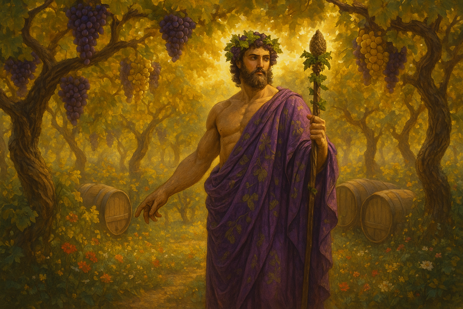 A majestic scene depicting Dionysus, the Greek god of wine and fertility, standing in a lush vineyard during the peak of harvest season, his powerful muscular form draped in flowing purple robes adorned with grape vine patterns. Golden sunlight filters through heavy clusters of ripe grapes hanging from ancient twisted vines, casting dappled shadows across the fertile earth below. The god holds a ornate thyrsus staff topped with pine cones and wrapped in ivy, while a crown of grape leaves and small purple grapes adorns his curly dark hair. Around him, the natural world pulses with divine energy - wine barrels rest among the vines, wild flowers bloom in vibrant colors, and the air shimmers with an otherworldly golden glow that suggests the mystical connection between the changing seasons and divine power. The composition captures the essence of autumn's abundance and the sacred relationship between nature's cycles and ancient Greek religious symbolism.