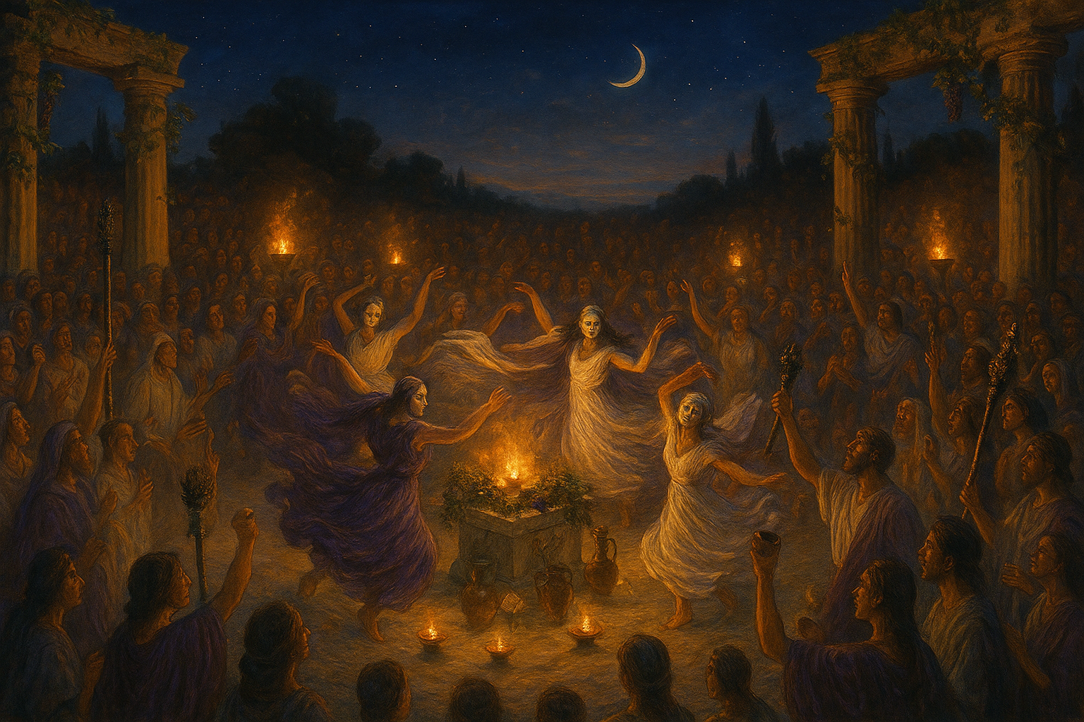 A dramatic ancient Greek ceremonial scene unfolds in a torch-lit outdoor amphitheater at dusk, where hundreds of devotees gather in flowing white and purple robes to honor Dionysus through sacred rituals. In the center, masked dancers whirl ecstatically around a marble altar adorned with grapevines, wine amphoras, and flickering oil lamps, their movements creating dynamic swirls of fabric against the golden firelight. The crowd forms concentric circles, some participants holding thyrsus staffs topped with pinecones and ivy, others raising wine cups toward the darkening sky filled with stars. Ancient stone columns draped in grape clusters and ivy frame the scene, while the warm glow of braziers illuminates faces expressing joy, reverence, and spiritual connection. The atmosphere pulses with communal energy as wine flows freely, musicians play reed pipes and drums in the shadows, and the entire gathering moves in harmonious celebration beneath a crescent moon, embodying the intoxicating power and divine ecstasy associated with the god of wine and revelry.