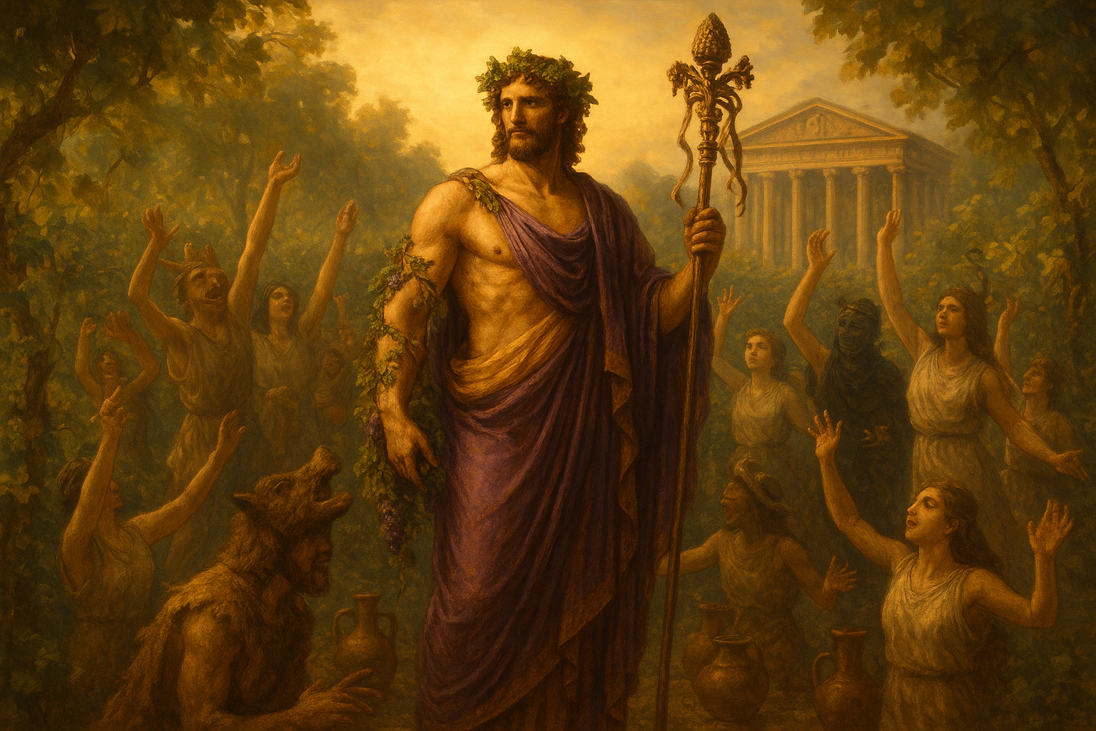 A majestic figure of Dionysus stands at the center of an ancient Greek vineyard during golden hour, his muscular form draped in flowing purple and gold robes that catch the warm light. Ivy wreaths crown his curly hair while grape vines spiral around his powerful arms, and he holds a ornate thyrsus staff topped with pine cones and trailing ribbons. Around him, a diverse gathering of followers dance in ecstatic celebration - some wearing animal skins and masks, others in simple tunics, their faces expressing both wild abandon and serene spiritual connection. The scene captures the duality of Dionysian worship, with wine amphoras and ritual vessels scattered among the grape vines, while in the background a classical temple with marble columns represents the structured social order. The lighting creates a mystical atmosphere where earthly revelry meets divine transcendence, with warm golden sunbeams filtering through the vineyard leaves and casting dramatic shadows across the celebrants' faces.