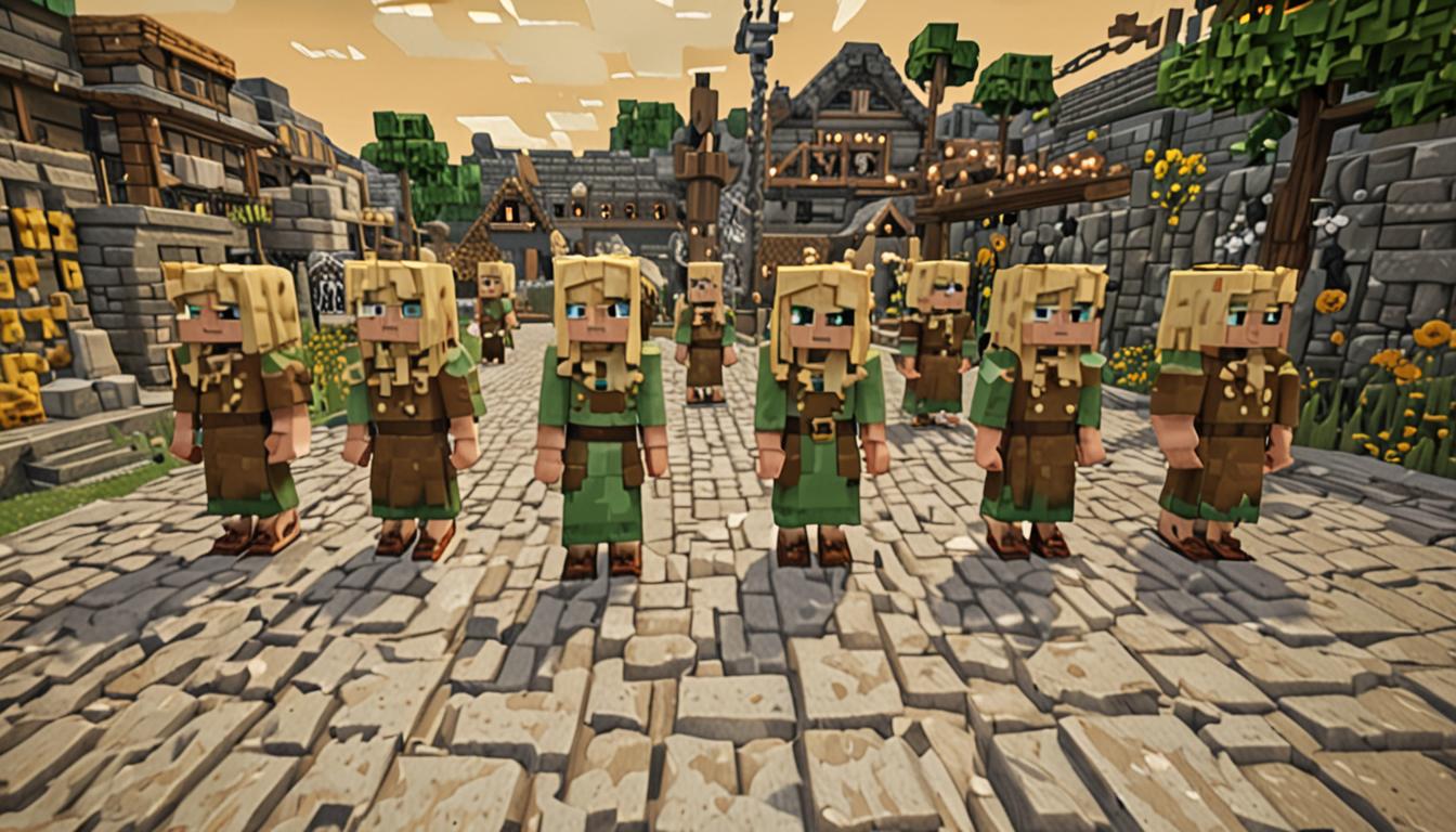 A Minecraft village square constructed from cobblestone blocks and oak wood planks, crowded with blocky villager NPCs featuring their characteristic large heads, brown robes, and unibrow textures. In the center stands Goldilocks, a female player character with distinctive blonde blocky hair and sheep rancher attire, but her pixelated skin texture displays an ominous green tint characteristic of zombie infection, her blocky arms held stiffly outward in the classic zombie pose. The infected character moves with jerky, slow animations while pixelated green particles emanate from her body. Surrounding villagers point with their blocky arms, their simple facial textures showing concern through furrowed pixelated brows. The village mayor, a taller villager NPC wearing a purple robe texture, stands elevated on a hay bale block with his cubic arms raised high. The scene is lit with Minecraft's distinctive lighting system, casting blocky shadows across the cobblestone ground. In the background, typical Minecraft village buildings with their characteristic blocky architecture, wooden doors, and glass pane windows create depth. Sheep pens made from oak fence blocks are visible near Goldilocks, with white woolly sheep mobs contained within. The atmosphere is tense, with torch light flickering on nearby walls, and the warm orange glow of sunset casting long pixelated shadows across the village square, creating an ominous mood that suggests betrayal and danger in this blocky Minecraft world.