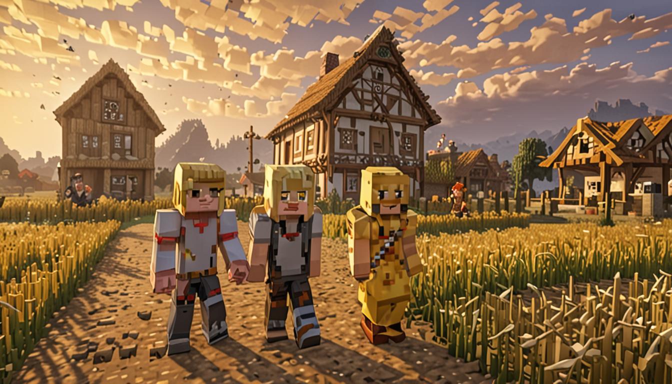 A Minecraft village scene at dusk with ominous atmosphere, featuring blocky pixelated characters in distress. In the foreground, a blonde-haired Minecraft character named Goldilocks with distinctive golden blocky hair stands near wheat fields made of golden-yellow pixelated wheat blocks. Two other Minecraft villager characters are present - one with concerned blocky facial features looking shocked, and another named Jolene with tears rendered as small blue pixel droplets on her square face. The background shows a traditional Minecraft village with blocky wooden houses and cobblestone paths, decorated with colorful banner flags and festival preparations including pixelated hay bales and crafting tables set up for celebration. Golden wheat crop blocks dominate the middle ground, swaying in organized rows with their characteristic Minecraft blocky texture. Dark storm clouds gather overhead in the pixelated sky, creating an foreboding contrast against the festive village decorations. In the shadowy edges of the scene, hints of green zombie figures with characteristic Minecraft zombie features lurk, their blocky silhouettes barely visible. The lighting creates dramatic shadows across the cubic terrain, with torches providing warm orange pixelated light near the village structures. Festival decorations like blocky lanterns, wooden fences, and colorful wool blocks are scattered throughout, creating a tragic juxtaposition between the planned celebration and the impending doom. The entire scene maintains strict Minecraft aesthetic with sharp edges, cubic forms, and low-resolution pixelated textures throughout all elements.
