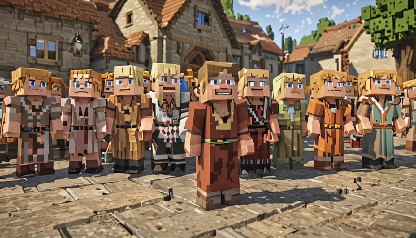 A Minecraft village scene rendered in blocky, pixelated style showing a concerned mayor villager with a brown robe and distinctive squared nose standing in the center, surrounded by several other cubic villagers with various colored robes who appear to be giggling with their characteristic blocky expressions. In the foreground, a blonde-haired player character with the classic Minecraft Steve body proportions stands looking embarrassed, wearing typical Minecraft adventurer attire with pixelated clothing textures. The focal point is Goldilocks, a female villager with long blonde blocky hair rendered in golden-yellow pixel blocks, her cubic face showing a sad expression with distinctive green-tinted pixelated skin indicating zombie infection spreading across her blocky features. Her villager robe has the characteristic brown and white blocky pattern. Scattered around her are wool blocks in various colors - white, pink, and light blue - representing her wool trading profession. The village setting features classic Minecraft cobblestone paths with gray pixelated blocks, wooden plank buildings with their distinctive brown blocky textures in the background, and the warm ambient lighting of a Minecraft village at daytime with soft shadows cast by the cubic structures. The atmosphere conveys tension and concern mixed with embarrassment, with the blocky characters' simple but expressive pixelated faces capturing the emotional moment of betrayal and desperation as the protagonist must prove themselves despite past mishaps.