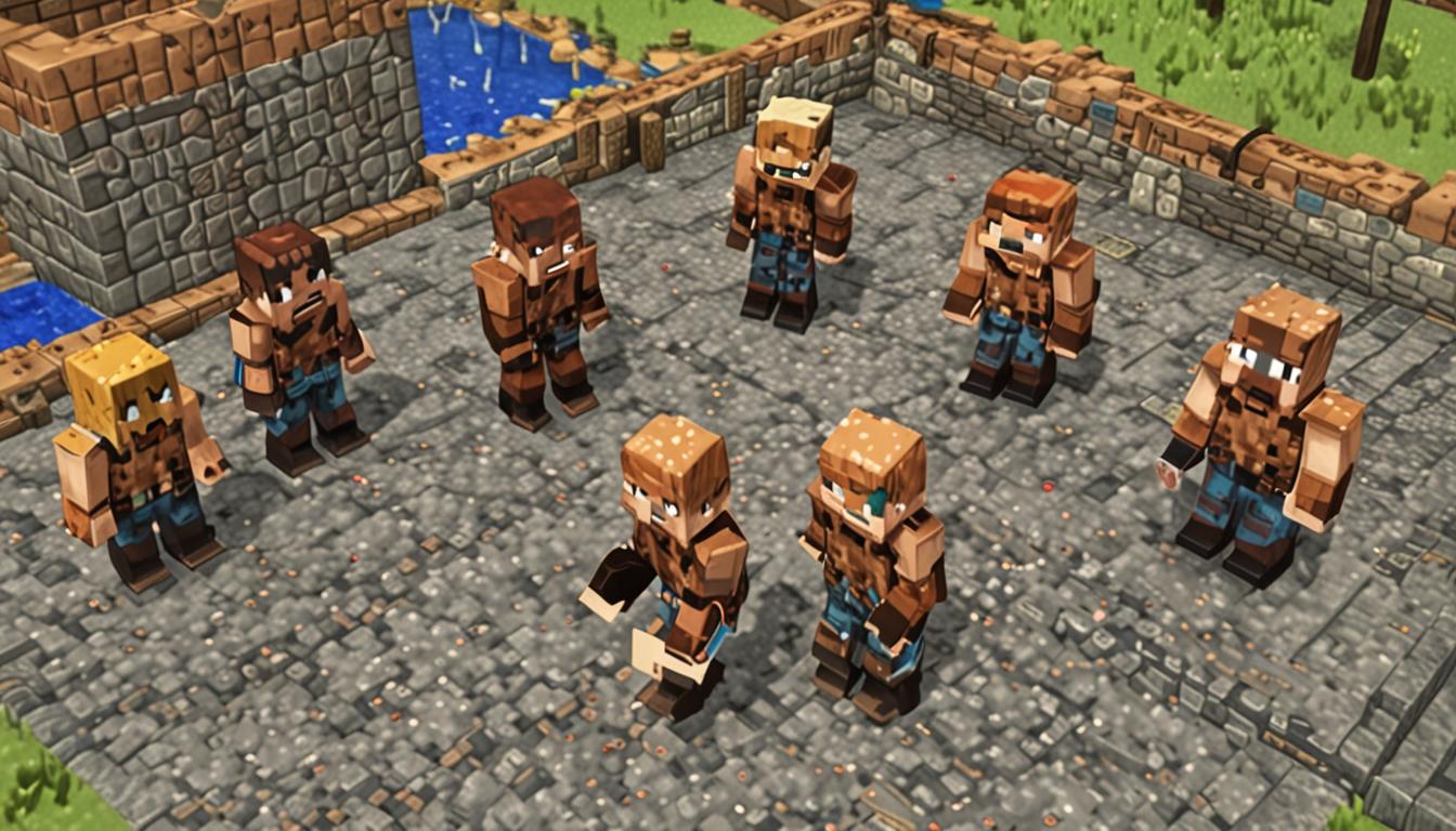 A Minecraft village scene with blocky, pixelated characters gathered in a circle, their cubic heads all turned toward a nervous-looking player character with mismatched boots - one brown leather boot and one iron boot clearly visible. The central character, Avery, has a flushed, embarrassed expression on their blocky face with wide pixel eyes, standing awkwardly with arms slightly raised. In the background, a pink-colored water fountain made of stone blocks spurts dyed pink water, and nearby a crafting table displays burnt, dirt-brown cookies scattered across its surface. Jolene, another blocky Minecraft character with determined pixel eyes, stands beside Avery gripping their hand, her mouth open in a speaking pose. The village setting features typical Minecraft wooden houses with oak plank walls and cobblestone foundations, villagers with their characteristic large cubic noses watching the scene, and ominous dark storm clouds gathering in the distance suggesting the threat of the Zombie Lord. Magical particle effects - purple and blue enchantment sparkles - float around Avery's character, hinting at their magical abilities. A distant wizard tower made of stone bricks and purple stained glass rises in the background, and subtle green zombie-like shadows loom at the edge of the scene, creating tension and foreboding atmosphere in the pixelated Minecraft world.