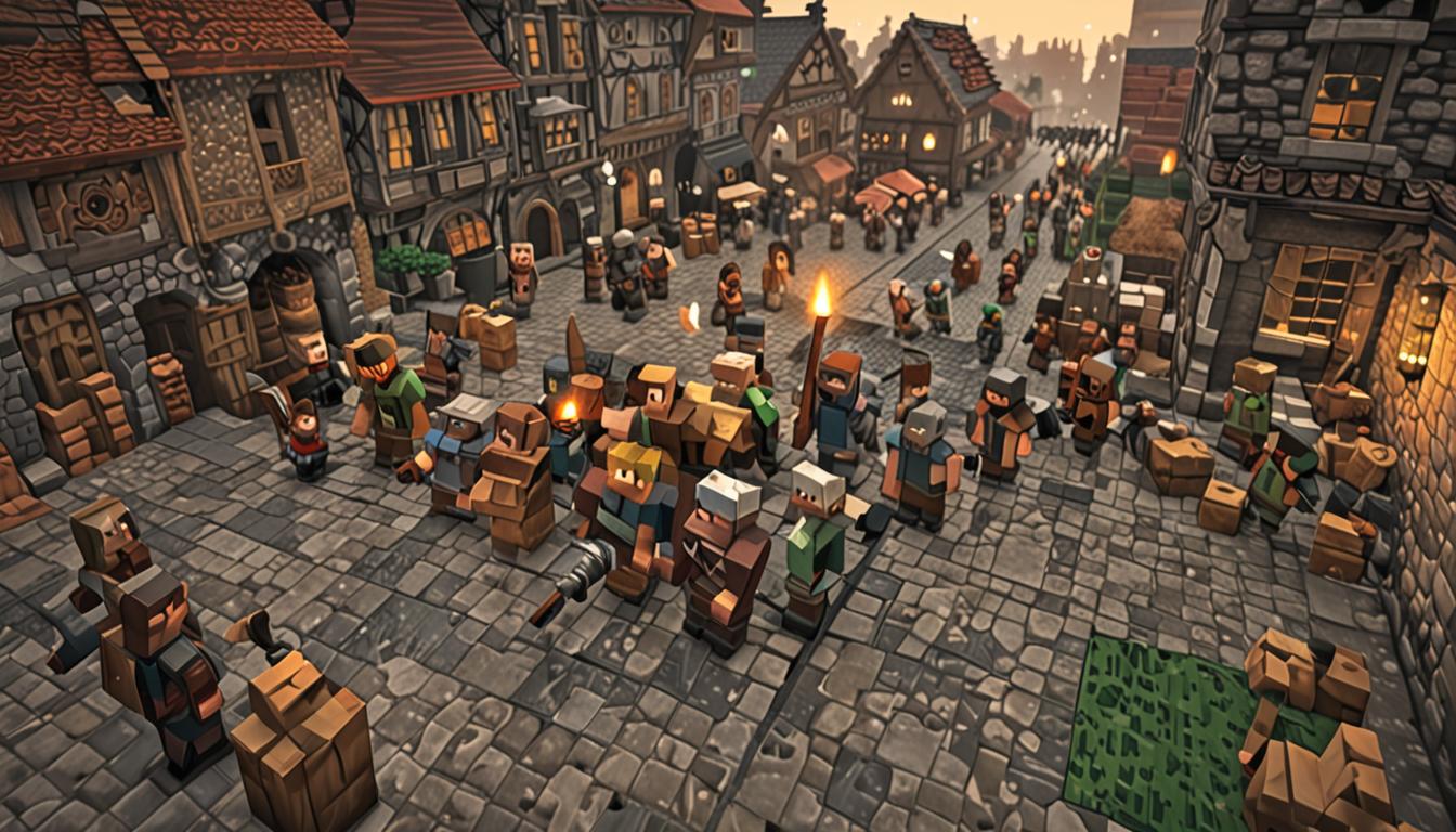 A dramatic Minecraft village scene rendered in blocky, pixelated style showing a tense gathering of villager characters in the center of a cobblestone town square. In the foreground, a muscular blacksmith villager with a distinctive brown apron and blocky square head holds gleaming iron tools - an iron sword and iron pickaxe with metallic gray textures catching torchlight. Behind him stands the mayor villager wearing a black suit jacket, shaking his blocky head with concern. To the side, an elderly wizard villager with a long gray pixelated beard, purple robes made of blocky fabric textures, and a tall pointed hat leans heavily on a wooden cane, his aged blocky face showing worry. A farmer villager in brown clothing gestures dramatically toward the group. In the background, ominous dark storm clouds gather over distant mountains, and far on the horizon looms a foreboding fortress made of dark obsidian and nether brick blocks with glowing purple magical barriers and redstone circuit patterns visible on its walls. The village is constructed of oak wood planks, cobblestone paths, and hay bales, with warm orange torchlight illuminating the worried faces of the gathered villagers. The atmosphere is tense and urgent, with dramatic lighting casting long pixelated shadows across the blocky terrain, and the color palette shifting from warm village tones to cool, threatening purples and blacks toward the distant fortress where Zombie Lord Brainless resides.