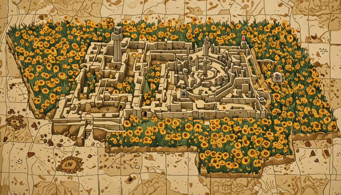 A Minecraft-style hand-drawn map held in blocky, pixelated hands, showing a detailed underground fortress layout with crude sketched pathways and markers in brown ink on tan parchment texture. In the background, vast golden sunflower fields stretch across blocky terrain under a bright pixelated sky, with tall yellow sunflowers featuring cubic petals and dark square centers scattered across green grass blocks. A menacing trail of disturbed dirt blocks and trampled flowers cuts through the sunflower field, suggesting a zombie's path. Two Minecraft characters stand at the edge of the sunflower field - Jolene with blonde blocky hair in a ponytail showing an excited expression with bright eyes, and Avery with worried facial features holding the map, both rendered in classic Minecraft cubic character style with detailed pixelated clothing textures. Dark cave entrance barely visible among the sunflowers in the distance, with ominous shadows and stone blocks suggesting the hidden underground fortress entrance. Scattered golden braid fragments glinting on the ground along the disturbed path, creating a trail of clues. The lighting captures both the bright cheerful atmosphere of the sunflower field contrasting with the darker, more foreboding shadows near the cave entrance, emphasizing the tension between adventure and fear.