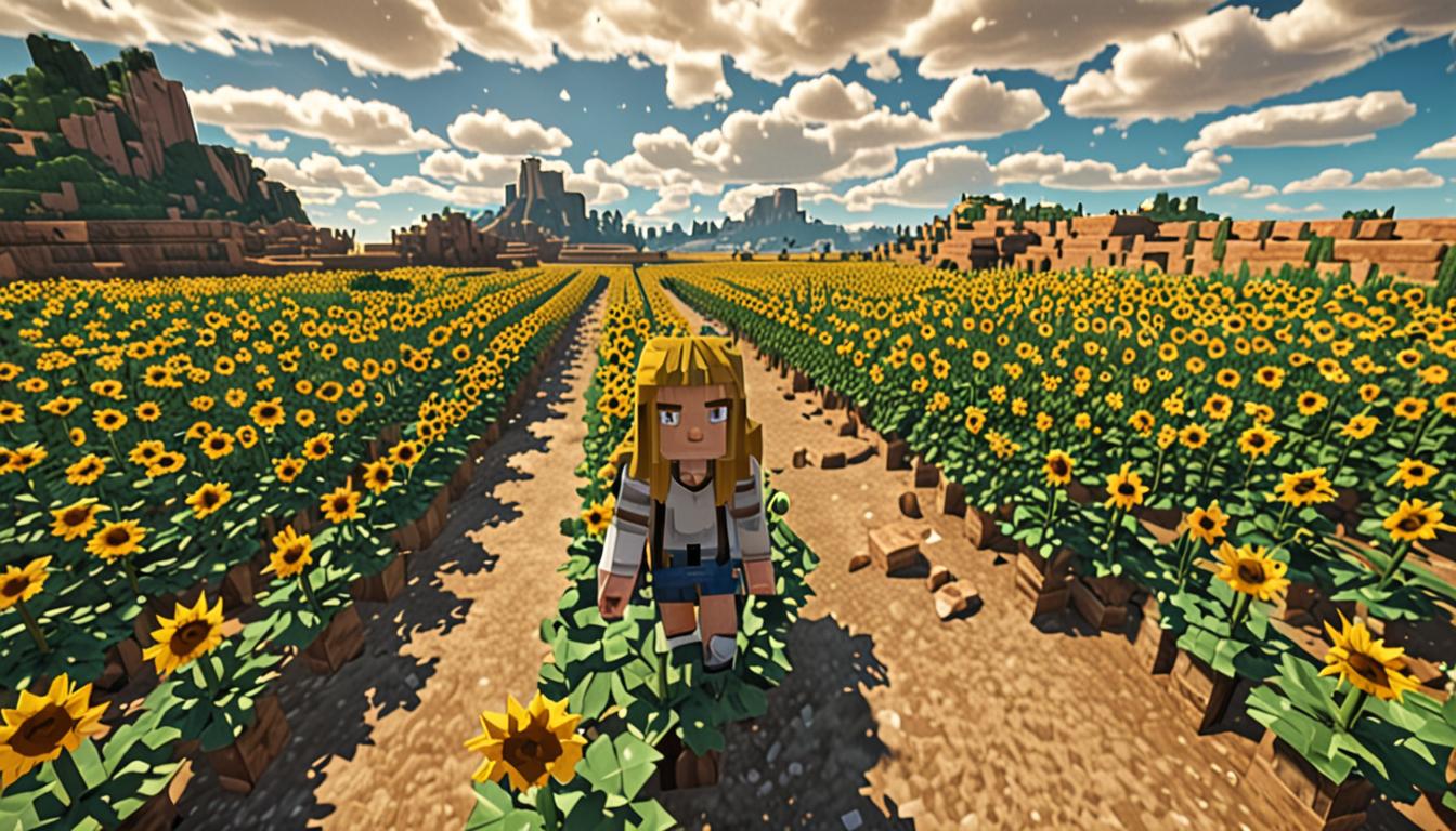 A vast Minecraft sunflower field stretches endlessly across blocky terrain, with hundreds of pixelated yellow sunflowers featuring cubic petals and square brown centers, each flower standing two blocks tall on thick green stems. The flowers sway gently in rows across rolling blocky hills under a bright blue cubic sky with white square clouds. In the foreground, a female Minecraft character with long blonde blocky hair (Jolene) is mid-leap high above the sunflowers, her pixelated body suspended in the air with motion lines suggesting the effects of a jump-boost potion, her arms outstretched as she scouts ahead. Behind her on a dirt path cutting through the sunflower field stands another Minecraft character looking worried, their blocky face showing concern. The sunflowers cast pixelated shadows on the cubic grass blocks below, and the entire scene has the distinctive low-poly, voxel-based aesthetic of Minecraft with sharp edges and flat color blocks. The atmosphere conveys both the beauty of the golden sunflower field and an underlying tension, with darker shaded areas between the flowers hinting at hidden dangers. Small particles float in the air suggesting a gentle breeze moving through the blocky landscape, and the lighting creates a warm afternoon glow across the geometric flowers and terrain.