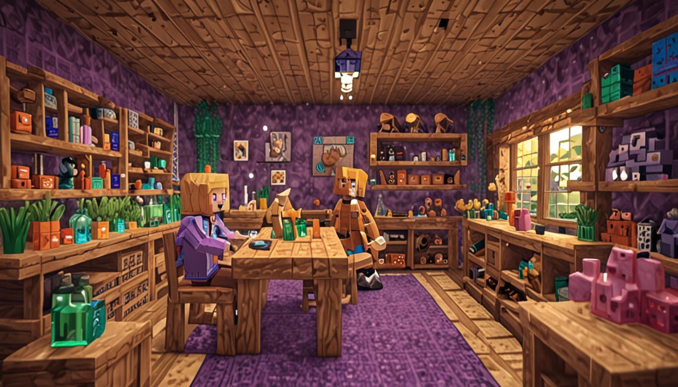 A cozy Minecraft cottage interior with blocky wooden walls and crafting tables, featuring two Minecraft characters in the midst of preparation - one character with blonde blocky hair frantically packing a collection of colorful potion bottles into a pixelated bag, the bottles glowing in vibrant purple, blue, orange, and green hues with bubbling particle effects. The workshop space contains wooden shelves lined with more potion bottles of various colors, their glass surfaces reflecting dim torchlight. The second character, also with blocky Minecraft features, is gathering stacks of pixelated food items like bread and cooked meat alongside burning torches, her movements suggesting excitement as she bounces near the low ceiling made of oak planks. The ceiling shows slight damage blocks where a character's square head has bumped against it. Warm orange torchlight illuminates the cramped but organized space, casting blocky shadows across crafting stations, furnaces, and brewing stands. Various experimental potions sit on a wooden table with swirling, mysterious particle effects in unusual color combinations. The atmosphere captures pre-adventure excitement with scattered supplies, open chests with pixelated contents spilling out, and the characteristic Minecraft lighting creating a cozy yet energetic mood in the small cottage workspace.