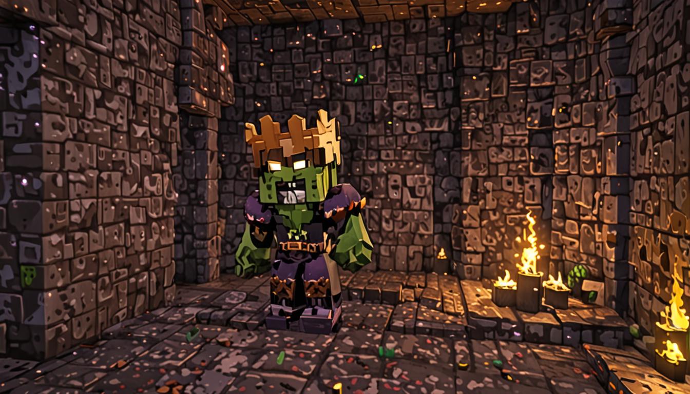 A Minecraft-style underground stone brick fortress chamber with dim torchlight illuminating rough blocky walls, where a distinctive zombie character stands prominently wearing a tilted, pixelated golden crown with jagged blocky edges that sits askew on his green blocky head. The zombie lord has the characteristic Minecraft zombie appearance with tattered purple clothing rendered in cubic pixels, green rotting skin made of blocky textures, and outstretched blocky arms. In the foreground, several pixelated brown bread loaves are scattered on the cobblestone floor, rendered in Minecraft's distinctive blocky item style. An open enchanted book floats nearby with purple particle effects emanating from it, its pages showing pixelated potion recipes and zombie information in the classic Minecraft book interface style. The scene is lit by flickering orange torch light creating dramatic shadows across the cubic stone blocks, with the golden crown gleaming with blocky yellow and orange highlights. Through a distant tunnel entrance, bright yellow sunlight streams in harshly, contrasting with the dark fortress interior, and beyond it, barely visible pixelated yellow sunflowers can be seen in blocky fields. The entire scene maintains Minecraft's signature low-resolution, cubic aesthetic with visible pixel textures on every surface, block, and item.
