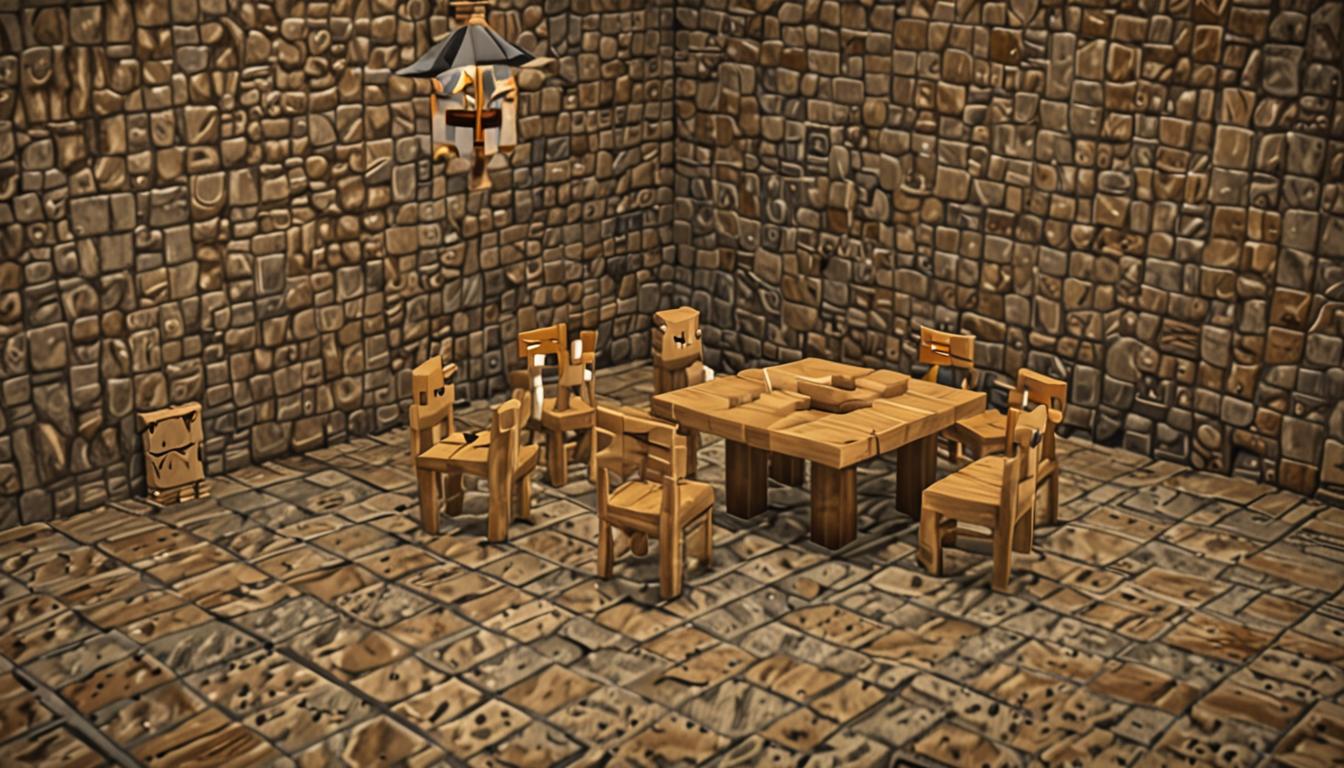 A somber Minecraft village council chamber scene rendered in blocky, pixelated style, featuring an empty wooden meeting table made of oak planks with several vacant blocky chairs arranged around it. The room has cobblestone walls with torch lighting casting dim, flickering shadows. In the foreground, a lone blonde Minecraft character with the signature square head and blocky body stands isolated outside the wooden door, looking dejected with slumped shoulders. Through the doorway, other villager NPCs with their characteristic large noses and brown robes can be seen gathered inside without the protagonist. The atmosphere is heavy with betrayal and exclusion, emphasized by the contrast between the warm torch-lit interior where the council meets and the darker, cooler exterior where the outcast character stands. Wooden signs hang on the walls inside, and the council table has a few blocky items like paper maps and quills scattered across its surface, all rendered in Minecraft's distinctive cubic aesthetic with pixelated textures.
