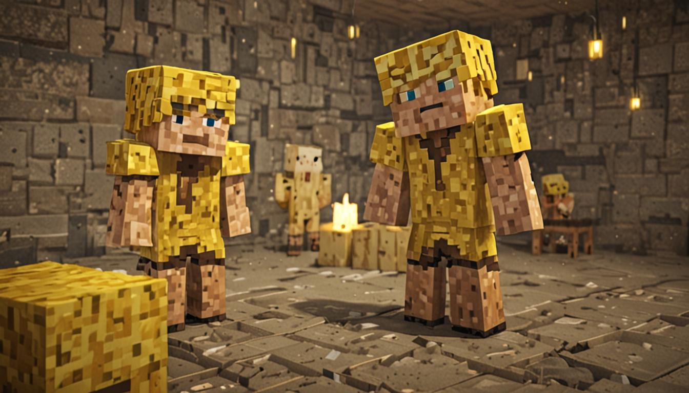 A Minecraft-style scene depicting two blocky player characters in a tense emotional moment, one with distinctive blonde cubic hair made of yellow wool blocks, showing body language of guilt or remorse with shoulders slightly hunched and head tilted downward. The second character stands with arms crossed in a neutral but possibly hurt stance. The setting is a dimly lit Minecraft interior, perhaps a wooden plank house or stone brick chamber, with torch lighting casting dramatic shadows on the blocky walls. Between them on the ground lies a scattered pile of diamond items or tools, suggesting something valuable that was taken or broken. The blonde character's pixelated face shows a conflicted expression through the simple Minecraft features. The atmosphere is heavy with tension, illuminated by the warm orange glow of wall-mounted torches creating pools of light and shadow. Details include wooden fence posts, crafting tables pushed to the side, and item frames on walls, all rendered in classic Minecraft's signature blocky, pixelated style with sharp edges and cubic forms.