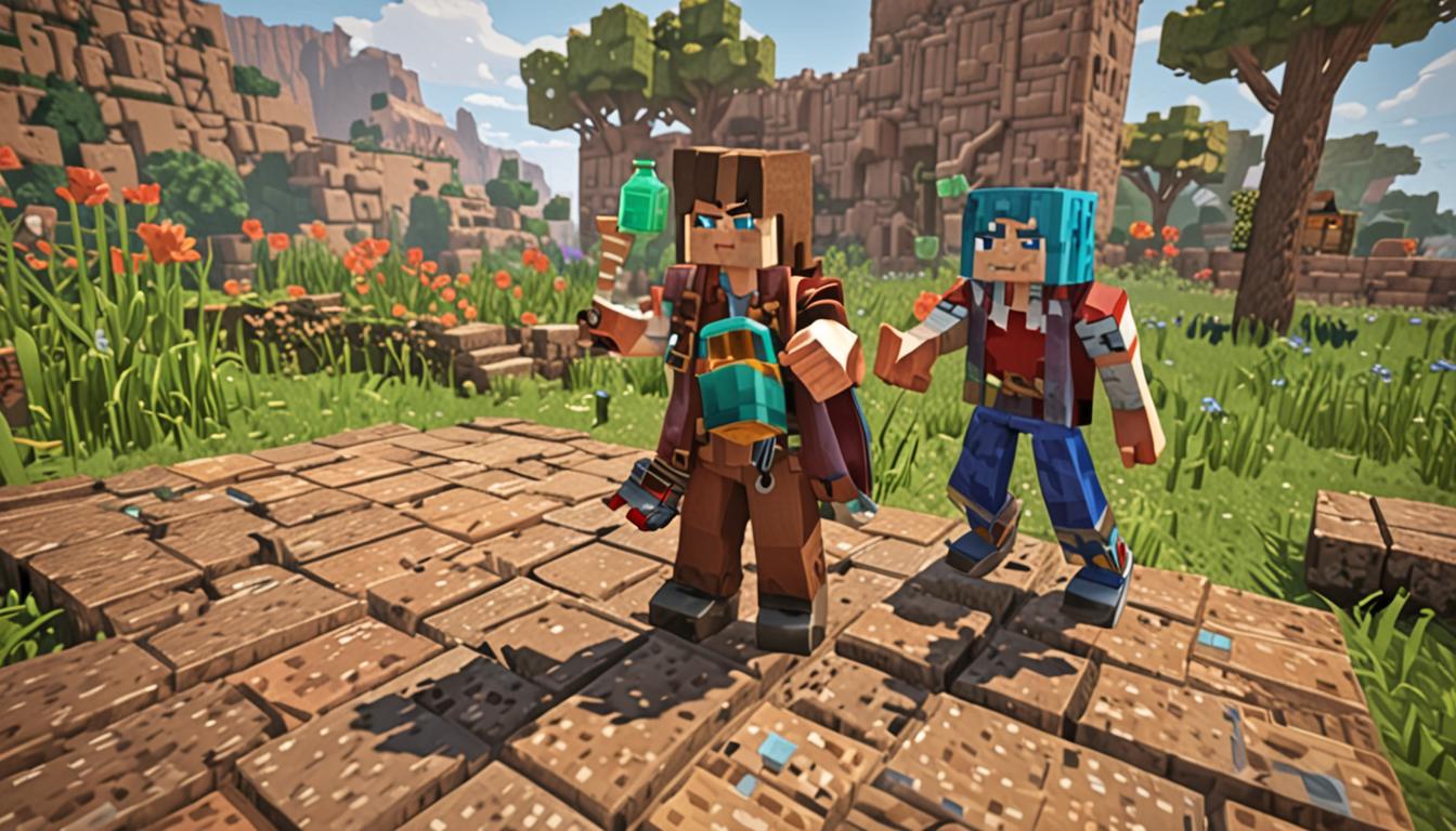 A Minecraft-style blocky scene showing two pixelated characters in an outdoor setting, with one character clutching a detailed potion bag made of brown leather-textured blocks with visible straps and buckles. The potion bag features small glass bottles with colorful liquids - purple, red, blue, and green - protruding from its top, each bottle rendered in the characteristic Minecraft blocky style with shimmering particle effects. The first character, Jolene, displays a fearful expression with wide blocky eyes and an open mouth, her blonde pixelated hair made of yellow wool-textured blocks cascading down in chunky segments. The second character follows closely behind, both figures composed of rectangular body segments typical of Minecraft player models. The outdoor environment features blocky grass blocks in vibrant green, dirt path blocks leading away from a wooden plank structure, and oak trees with cube-shaped leaves in the background. The lighting suggests urgency with dramatic shadows cast across the pixelated terrain, and subtle fog effects in the distance create an ominous atmosphere. Small details include the potion bag's metallic clasps rendered as iron-textured pixels, the characters' clothing showing fabric-like block textures, and ambient particles floating in the air suggesting movement and tension in this moment of betrayal and fear.