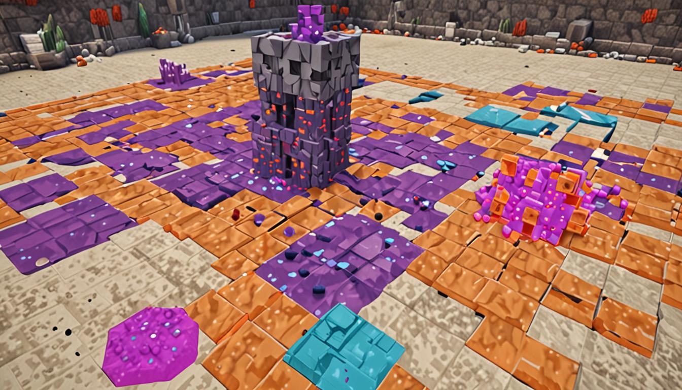 A Minecraft-style blocky scene showing a pixelated contest arena floor with three distinct potion splash puddles spreading across cubic stone blocks - one vibrant purple potion puddle, one bright blue potion puddle, and one glowing orange potion puddle, each creating geometric spreading patterns with particle effects typical of Minecraft splash potions. Several blocky Minecraft chickens with their characteristic white cubic bodies, red cubic combs, and yellow beaks are walking through the colorful liquid puddles, their pixelated feet creating small ripple effects in the potion liquids. In the background, blocky Minecraft villager-style contest judges stand on a raised platform with crossed arms and stern angular expressions, rendered in the classic Minecraft NPC style with large cubic heads and simple geometric features. A crowd of various blocky Minecraft player characters and villagers form a semi-circle around the scene, their pixelated bodies turned toward the center, creating an atmosphere of shocked attention. The ground consists of polished stone blocks and wooden planks in the typical Minecraft grid pattern, with the three potion puddles creating dramatic colorful contrast against the neutral floor blocks. Overhead lighting casts blocky shadows, and small potion particle effects float upward from the puddles in cubic formations, creating a sense of magical mishap and embarrassment in true Minecraft potion-brewing style.