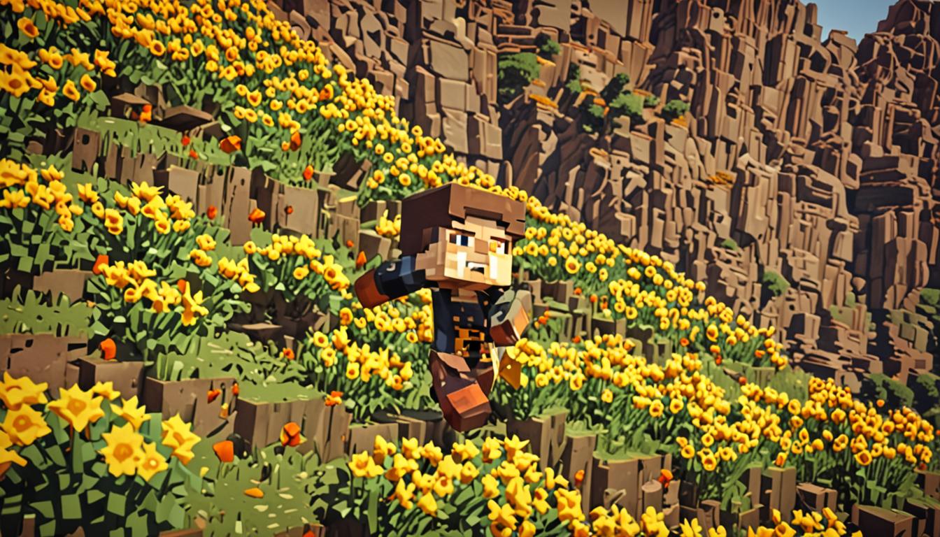 A dramatic Minecraft scene showing a blocky, pixelated player character mid-tumble down a hillside covered in bright yellow cubic sunflowers with their thick, angular roots visible above ground. The character is falling head-over-heels in a dynamic pose, their rectangular body twisted at awkward angles. A leather potion bag has burst open, sending multiple glass potion bottles of various colors (red, blue, purple, green) flying through the air in arcing trajectories, each bottle rendered in classic Minecraft style with square bases and geometric shapes. At the bottom of the grassy hill, a chaotic scene unfolds with numerous white, blocky Minecraft chickens scattering in panic, their cubic bodies and beaks clearly visible, wings spread in alarm. Some chickens are mid-flight, others running with pixelated motion blur. In the background, two other blocky player characters (one presumably Jolene) stand at the top of the hill looking down in surprise. The entire scene is bathed in bright Minecraft daylight with distinct cubic shadows, featuring the game's characteristic blocky terrain with green grass blocks, dirt blocks visible on the hillside, and the angular, geometric aesthetic throughout. Potion particles and motion lines add to the sense of chaos and movement in this comedic moment of betrayal and clumsiness.