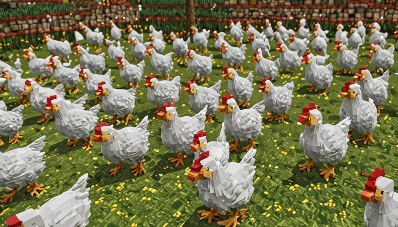 A Minecraft blocky, pixelated scene featuring numerous white cube-shaped chickens with their characteristic red wattles and yellow beaks, each wearing miniature pixelated accessories - some sporting bright red wool hats, others wearing blue wool hats, and several with vibrant green wool hats, all complemented by small bow ties crafted from colored wool blocks attached to their necks. The chickens are animated and hopping around in a festive gathering, their blocky bodies bouncing to rhythm. In the center of the scene, a circular arrangement of brown wooden note blocks sits on grass blocks, each note block displaying its distinctive musical note symbol on top, creating the source of the celebration's music. Around the perimeter, classic Minecraft villagers with their large square heads, prominent blocky noses, brown robes, and crossed arms are positioned, their faces showing happy expressions as they clap their cubic hands together. The villagers display animated joy with their simple pixelated facial features. The entire scene takes place on bright green grass blocks with occasional dirt blocks visible, set in a village environment with wooden plank structures and cobblestone paths in the background. The lighting suggests daytime with bright, clear Minecraft-style illumination casting blocky shadows. Despite the festive atmosphere, subtle hints of the mentioned crisis appear in the distant background - perhaps a few zombie figures lurking at the edge of the scene or damaged blocks on buildings. The overall mood balances celebration and underlying tension, with the vibrant colors of the chicken accessories and the warm tones of the village contrasting against the awareness of danger, all rendered in the signature cubic, low-resolution Minecraft aesthetic with visible pixel textures on every surface.