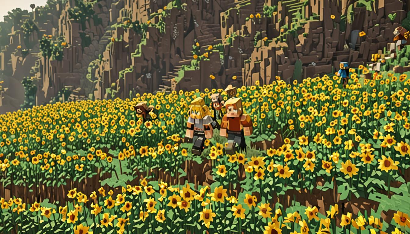 A vibrant Minecraft scene showing a large hillside covered in blocky, pixelated sunflowers with their distinctive yellow cube-shaped petals and dark brown centers, each flower standing tall on thick green stems. Two Minecraft player characters with blocky bodies stand at the crest of the hill, one with blonde cubic hair representing Jolene, both in typical Minecraft player proportions with squared heads and rectangular limbs, peering down at a clearing below. In the valley clearing, approximately fifty Minecraft villagers with their characteristic large cubic heads, prominent blocky noses, and brown robed bodies are gathered in organized rows. The villagers are positioned in dancing poses with their blocky arms extended, participating in what appears to be a festive contest. Several Minecraft chickens with white blocky feathers, red cubic combs, and yellow beaks are scattered among the villagers. Musical note particles float in the pixelated air, rendered as colorful cube-shaped notes drifting upward. The entire scene is bathed in warm Minecraft sunlight with distinct shadow blocks cast across the terrain. The ground is textured with Minecraft grass blocks showing their signature green top texture with brown dirt sides. In the background, more rolling hills of blocky sunflowers extend into the distance, creating a golden yellow landscape. The sky features Minecraft's characteristic gradient with cubic clouds. The clearing itself is decorated with colorful Minecraft wool blocks arranged as bunting, and wooden fence posts mark the contest area boundaries, all maintaining the game's distinct blocky, low-resolution aesthetic with visible pixels and sharp geometric edges.