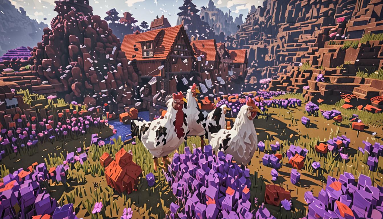 A dramatic Minecraft scene showing massive, blocky chickens towering at cow-height, their pixelated white feathers and red combs enlarged to enormous proportions, standing amid purple particle effects and potion splash residue on blocky grass terrain. Ten giant chickens with exaggerated cubic bodies, oversized beaks, and thick blocky legs stomp through a village setting, their pixelated forms casting large shadows across the ground. In the background, several Minecraft villagers with their characteristic brown robes, large cubic noses, and unibrows are fleeing in panic, their blocky arms raised in distress. Purple potion bottles and splash effects litter the ground with glowing particle effects, creating an ominous atmosphere. The village features typical Minecraft structures with oak wood planks, cobblestone paths, and simple block-based houses. The lighting suggests chaos and urgency, with dramatic shadows cast by the oversized chickens. Small normal-sized chickens can be seen in the distance for scale comparison, emphasizing the massive transformation. The entire scene maintains the classic Minecraft low-poly, voxel-based aesthetic with sharp edges, cubic forms, and pixelated textures throughout, capturing the moment of betrayal and chaos as the potion experiment goes catastrophically wrong.