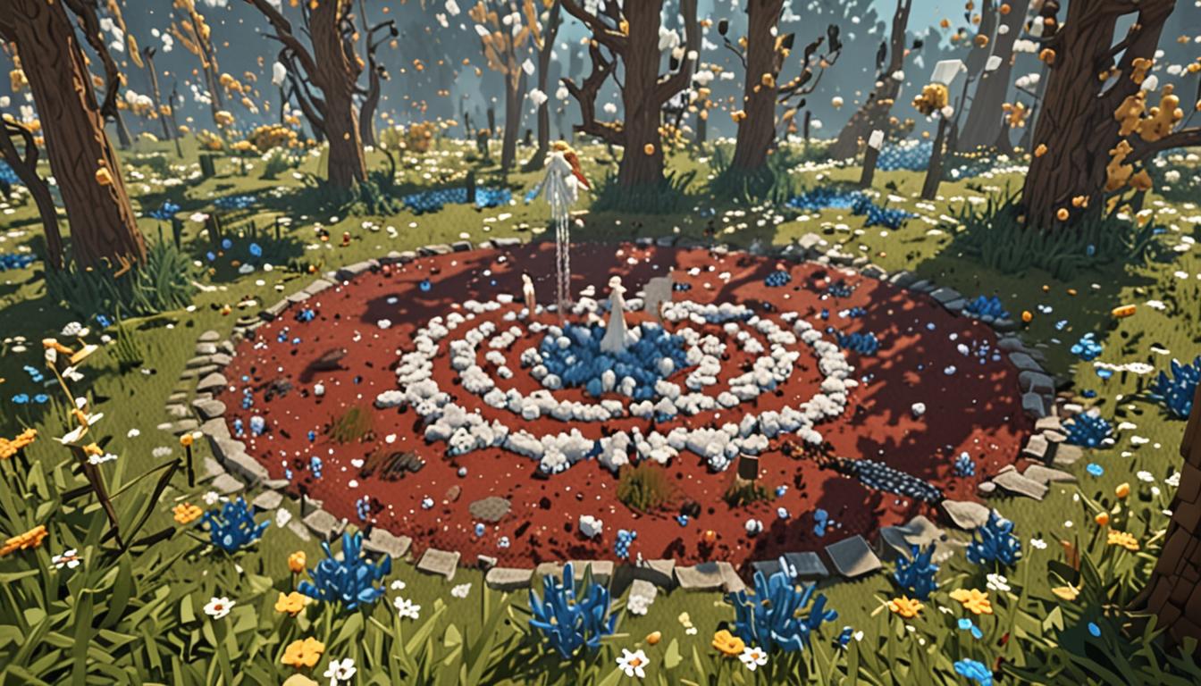 A chaotic Minecraft-style clearing scene featuring blocky, pixelated chickens with white cubic bodies and red wattle pieces sprinting in rapid circular patterns around a forest clearing. The ground shows swirling particle effects of brown dust blocks and white feather items creating a tornado-like vortex in the center. Scattered blue potion bottles with glowing azure liquid sit on the pixelated grass blocks. Golden-brown hay bales made of stacked cubic blocks are caught mid-air in the whirlwind, tumbling and rotating through the scene. A Minecraft villager character dressed as a contest judge with a brown robe and distinctive blocky nose is shown falling backward, a hay bale colliding with his square face, arms flailing in typical Minecraft animation style. Behind him, a large pile of golden wheat items and wheat crop blocks spreads across the ground where he's landing. The clearing is surrounded by pixelated oak trees with blocky brown trunks and green cubic leaf blocks. Motion blur effects and speed lines emphasize the frantic movement of the chickens. Feather particles and dust clouds rendered in Minecraft's particle effect style fill the air. The lighting suggests daytime with bright, flat Minecraft-style shadows and the characteristic blocky sun rays filtering through the canopy.