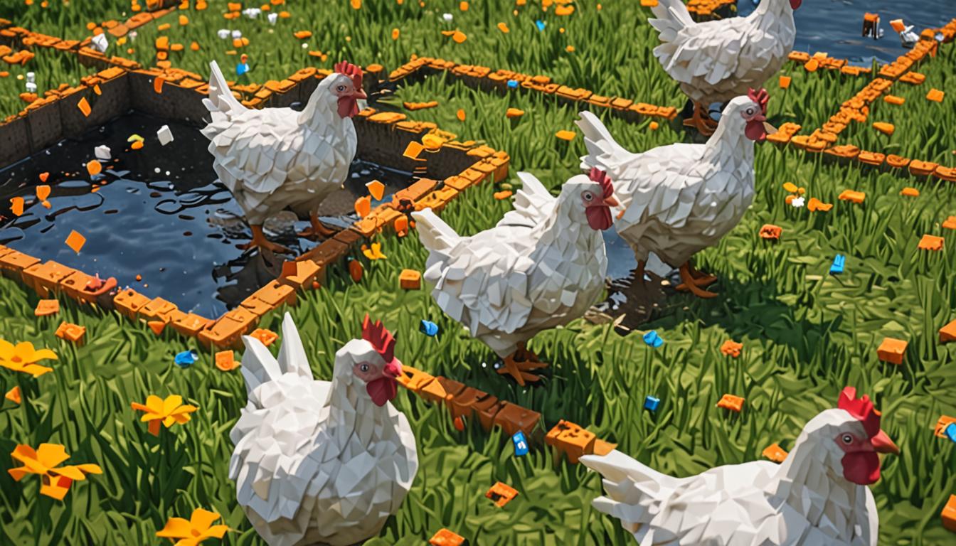 A chaotic Minecraft barnyard scene where several blocky, pixelated white chickens with square bodies and angular heads are stumbling through puddles of bright orange potion splashed across grass blocks. The chickens have their cubic beaks open mid-hiccup, with vibrant pixelated firework particles erupting from their mouths in streams of red, blue, and green blocky sparkles that arc through the dark sky like shooting stars. Some chickens appear slightly larger than others, their blocky forms expanded and distorted, while others are frantically running in different directions, their stubby rectangular legs blurred with motion. The ground is littered with orange potion bottles rendered in classic Minecraft item style, and orange liquid pools glow with an eerie luminescence. The night sky is illuminated by countless pixelated firework bursts creating spectacular geometric patterns of colored particles - crimson red cubes, sapphire blue squares, and emerald green pixels exploding in all directions. Wooden fence blocks are scattered and broken in the background, with some chickens perched atop them shooting fireworks skyward. The entire scene captures frantic movement and pandemonium with a color palette dominated by the warm orange glow of potions contrasting against the cool night sky filled with explosive multicolored sparkles, all rendered in authentic Minecraft's signature blocky, low-resolution aesthetic with sharp edges and cubic geometry.