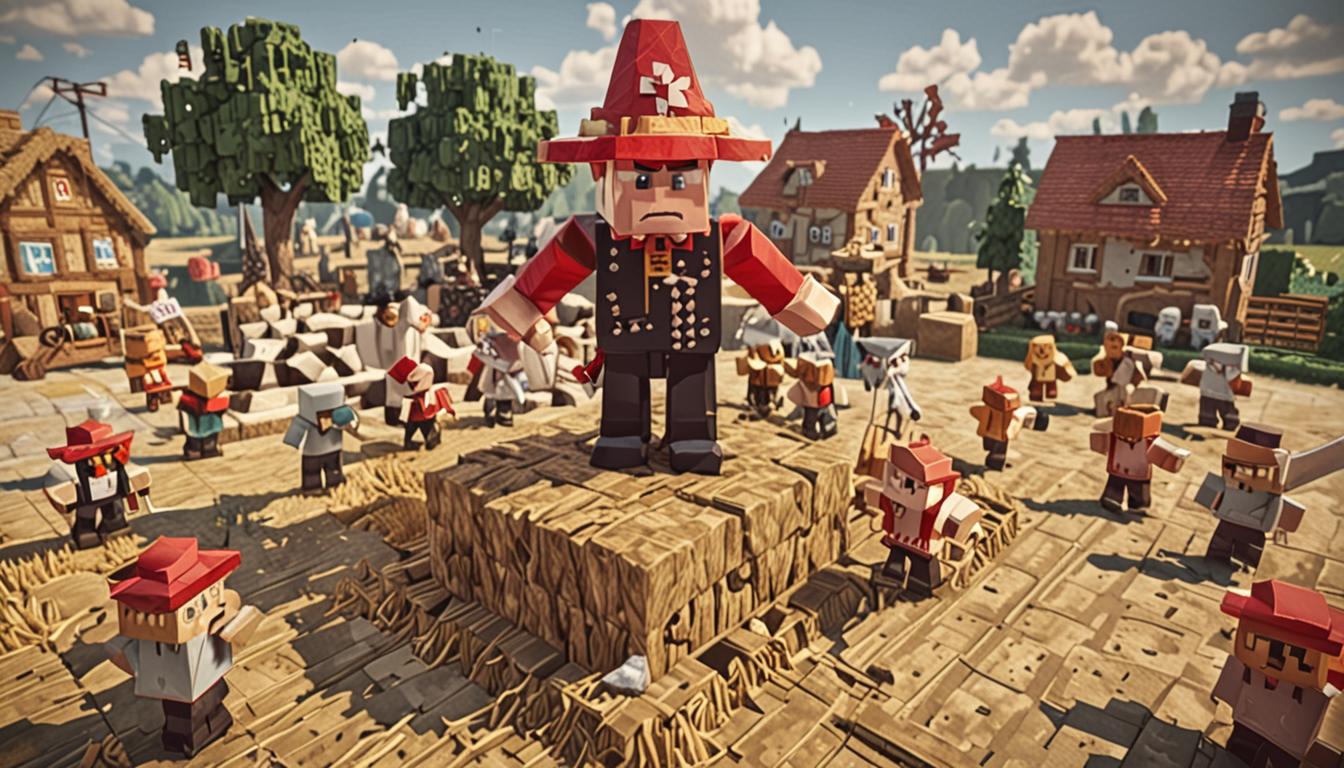 A chaotic Minecraft village square scene with blocky, pixelated aesthetic showing an angry mayor character with typical Minecraft villager features standing atop a hay bale block, his cubic arms raised high in frustration. His elaborate pixelated fancy hat lies on the ground being trampled by an oversized Minecraft chicken mob, rendered in blocky white and red textures, approximately three times larger than normal chicken size. Scattered around the scene are multiple Minecraft potion bottles with swirling particle effects - splash potions with distinctive glass bottle shapes in various colors including purple, green, and red, some tipped over on the grass blocks. In the foreground, a blonde Minecraft player character named Jolene is lying on her side on green grass blocks, her blocky body in a laughing position with arms wrapped around her cubic torso. The background shows typical Minecraft village buildings with oak wood planks and cobblestone textures. Additional normal-sized chickens wander the scene, some appearing affected by potion effects with swirling particles around them. The lighting suggests daytime with bright, flat Minecraft-style shadows. Hay bales are scattered throughout the scene, and the ground is a mix of grass blocks and dirt path blocks typical of Minecraft villages. The overall atmosphere captures comedic chaos with vibrant Minecraft textures and the distinctive low-resolution, voxel-based art style of the game.