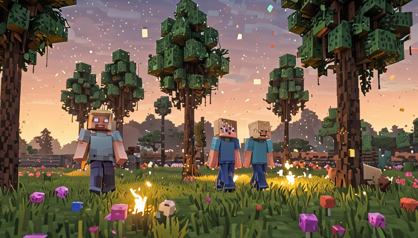 A Minecraft-style blocky forest clearing at dusk with pixelated trees surrounding an open grassy area. In the foreground, two blocky Minecraft characters with cubic heads and bodies stand together - one with blonde blocky hair pointing excitedly toward the distance. On the far side of the clearing, a distinctive Minecraft chicken rendered in vibrant firework particle effects shoots colorful pixelated sparkles from its beak toward a large, textured stone boulder. The sparkle particle effect illuminates a previously hidden vertical crack in the massive gray and brown blocky rock formation, the crack glowing with warm orange and yellow light revealing its doorway-like shape. The crack's edges are sharp and geometric, perfectly fitting Minecraft's aesthetic with clearly defined cubic blocks forming the outline. Pixelated grass blocks cover the ground, and the atmosphere conveys mystery and discovery with dramatic lighting casting blocky shadows. The firework chicken displays rainbow-colored particle trails in typical Minecraft sparkle effects, and the illuminated doorway-shaped crack suggests a hidden tunnel entrance carved into the mountainside, with darker shadowy blocks visible just inside the opening hinting at depths beyond.