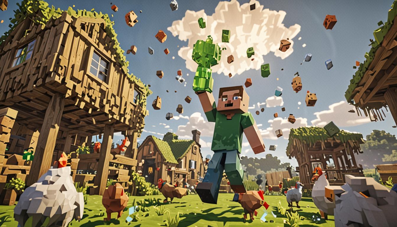 A dramatic Minecraft scene showing a pixelated character with blocky arms throwing a glass potion bottle high into the air above a chaotic farmyard filled with oversized chickens. The potion bottle is rendered in Minecraft's distinctive cubic style with bright green liquid visible inside its transparent blocky form. As the bottle shatters mid-air, a large billowing cloud of vibrant lime-green particles and cubic smoke effects spreads across the sky in Minecraft's signature particle system style. Below, multiple blocky white chickens of various exaggerated sizes populate the scene - some are enormous towering chickens three times normal size with cubic feathers and red wattle blocks, others appear to be moving in motion-blur streaks suggesting extreme speed, and several have colorful pixelated firework particle effects bursting around them. The green potion cloud descends over the chickens in a spreading dome shape made of translucent green cubic particles. Some chickens are already mid-transformation, shrinking back to normal Minecraft chicken size with green sparkle effects surrounding their blocky bodies. The ground is covered in Minecraft grass blocks with a wooden fence perimeter visible. A crafted potion bag lies open nearby showing other colorful potion bottles inside. The lighting captures the magical moment with the green glow from the potion cloud illuminating the entire scene, casting pixelated shadows on the blocky terrain. The atmosphere is chaotic yet magical, with the Minecraft art style's characteristic low-resolution textures, sharp edges, and cubic geometry defining every element from the feathered chickens to the explosive potion effects in the air.