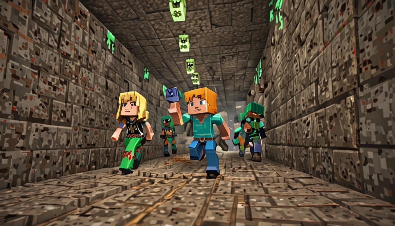 A dramatic Minecraft-style underground tunnel scene featuring two blocky, pixelated player characters rushing through a narrow stone passageway. The first character, a female player with blonde blocky hair representing Jolene, reaches back to grasp the hand of another player character as they escape. In the background near the tunnel entrance, several blocky zombie mobs with characteristic green pixelated skin and tattered clothes are distracted, appearing to interact with white blocky chickens in an amusing dance-like animation. The tunnel walls are constructed of detailed stone blocks with dark gray and light gray pixelated textures, heavily covered in vibrant green mossy cobblestone blocks and white stringy cobweb particles that drape across the corners and crevices. The main light source is an ultra-bright torch held by one of the characters, enhanced with a glowing potion effect that creates an intense orange-yellow luminous aura, casting dramatic blocky shadows on the moss-covered stone walls. The torch emits distinctive Minecraft-style particle effects with golden sparks and light rays. The crack in the rock entrance behind them shows a sliver of dim light, emphasizing the darkness of the deep underground tunnel that slopes downward into mysterious depths. The atmosphere conveys urgency and stealth, with the enhanced torch light creating a stark contrast between the illuminated foreground and the shadowy depths ahead, all rendered in authentic Minecraft's signature blocky, voxel-based art style with pixelated textures and cubic geometry.