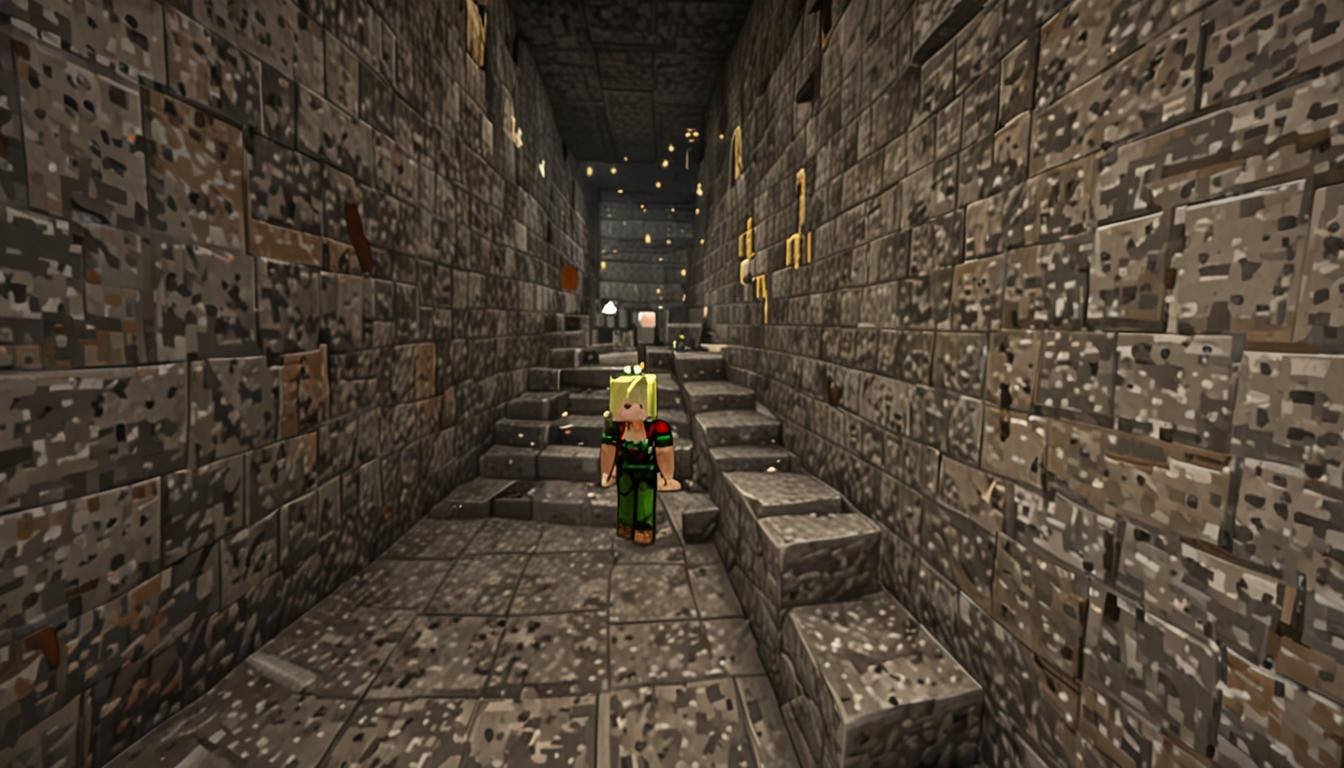 A deep, descending Minecraft tunnel with blocky stone walls and a steeply sloped pixelated floor stretching far into darkness below. The tunnel features rough-hewn stone ledges jutting out at intervals along the walls in classic Minecraft block formations. A blonde Minecraft character with the signature blocky Steve model body shape stands on the sloped pathway, their pixelated legs positioned to show the strain of walking downhill. Further ahead on one of the stone ledges, a second Minecraft character named Jolene is captured mid-bounce, her blocky form suspended in the air between ledges in a scouting position. The tunnel is dimly lit with scattered torch light creating orange-yellow pixelated glow against the gray stone blocks, casting angular shadows that emphasize the descent's ominous depth. The atmosphere is tense and foreboding, with darker shadows pooling in the depths below suggesting unexplored danger. The blocky corridor walls show texture variations typical of Minecraft stone blocks, with some cobblestone and stone brick patterns. The scene conveys a sense of cautious exploration deep underground, with the tunnel's geometric Minecraft architecture creating a maze-like descent toward an unseen fortress below. Small details like pixel-perfect cracks in stone blocks and the characteristic Minecraft lighting gradients add to the underground expedition atmosphere, while the empty passages hint at the calm before encountering the Zombie Lord's defenses.