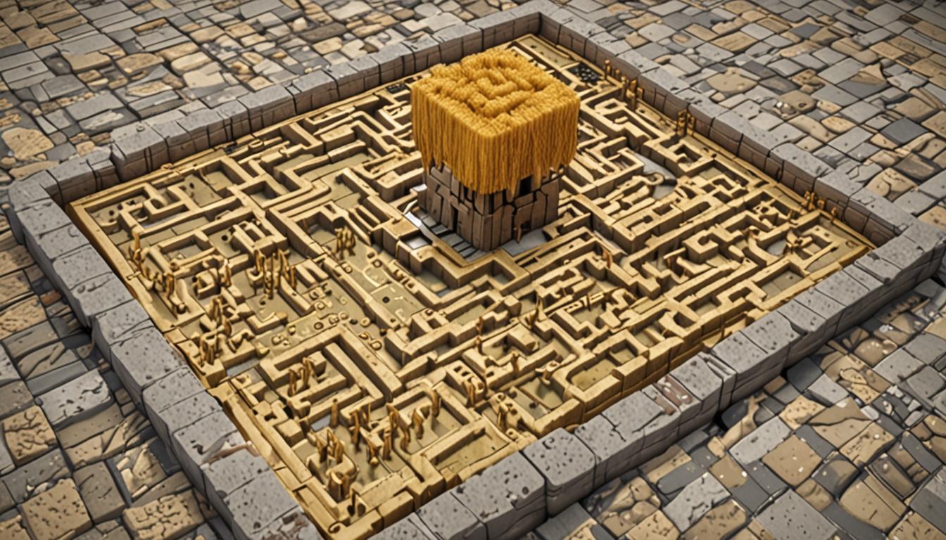 A detailed Minecraft dungeon scene featuring blocky, pixelated stone brick walls with intricate carved wheat stalk patterns forming a complex maze puzzle etched into the gray stone surface. The maze design is rendered in golden-yellow wheat textures against darker stone, creating a striking contrast. In the foreground, a Minecraft brewing stand shape is highlighted within the maze pattern, its distinctive three-pronged silhouette clearly visible among the wheat stalk pathways. The tunnel extends into darkness with torch light casting orange and yellow blocky light rays on the carved walls. Pressure plates and redstone dust are subtly visible near the maze, suggesting hidden trap mechanisms. The atmosphere is tense and mysterious, with shadows playing across the pixelated stone blocks. Golden wheat block textures shimmer in the torchlight, and the entire scene maintains the characteristic low-resolution, cubic aesthetic of Minecraft. The carved puzzle dominates one wall section, showing multiple branching paths through stylized wheat stalks, with the correct brewing stand-shaped route glowing slightly brighter than the false paths. Cobwebs stretch across corners of the ancient tunnel, and the floor shows worn stone brick blocks with occasional cracks.